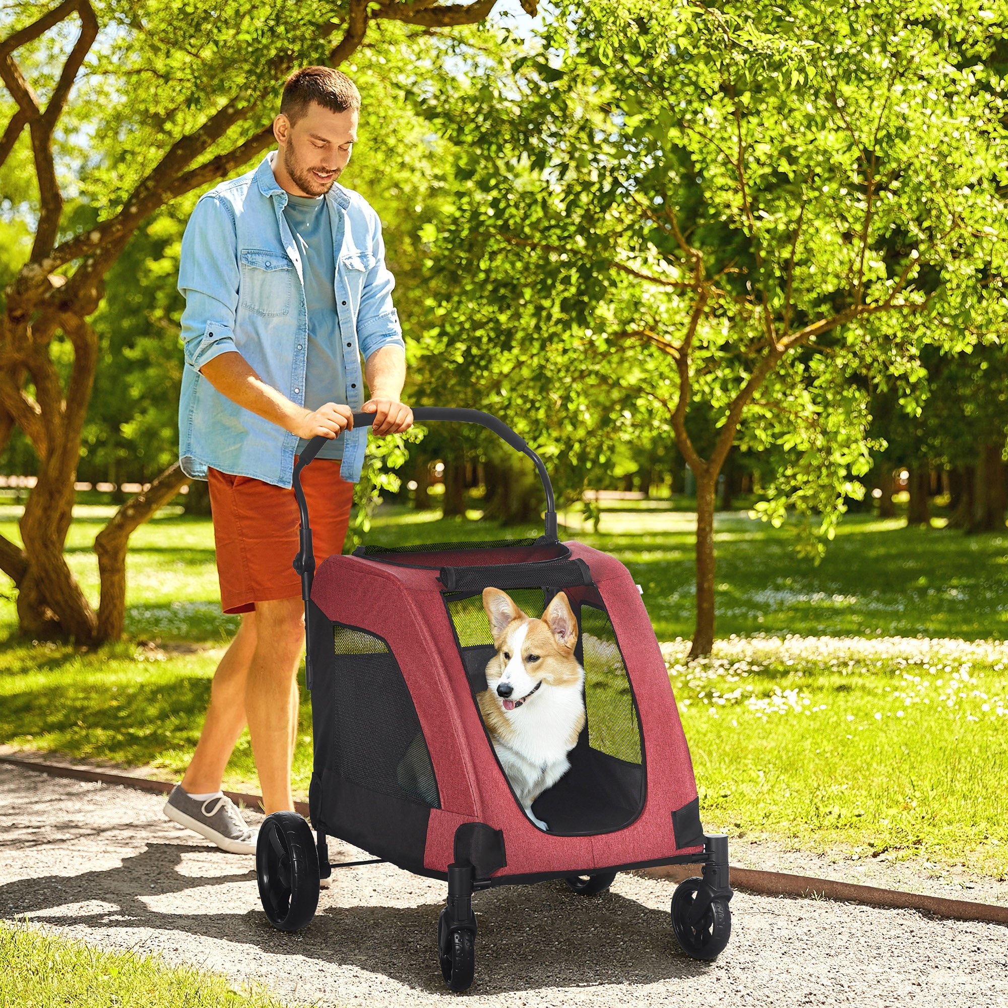PawHut 4 Wheel Pet Stroller with Storage Basket, Afjustable Handle, Ventilated Oxford Fabric for Medium Size Dogs Cat Red