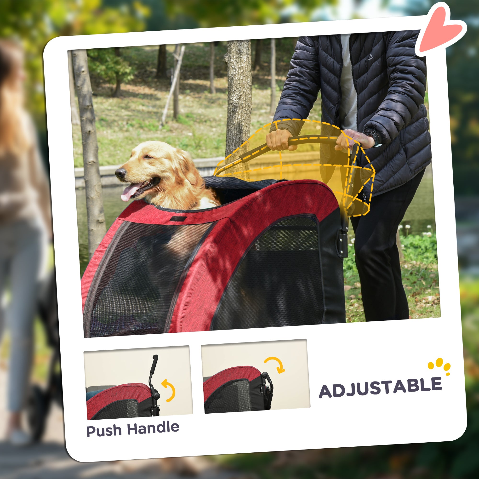 PawHut 4 Wheel Pet Stroller with Storage Basket, Afjustable Handle, Ventilated Oxford Fabric for Medium Size Dogs Cat Red