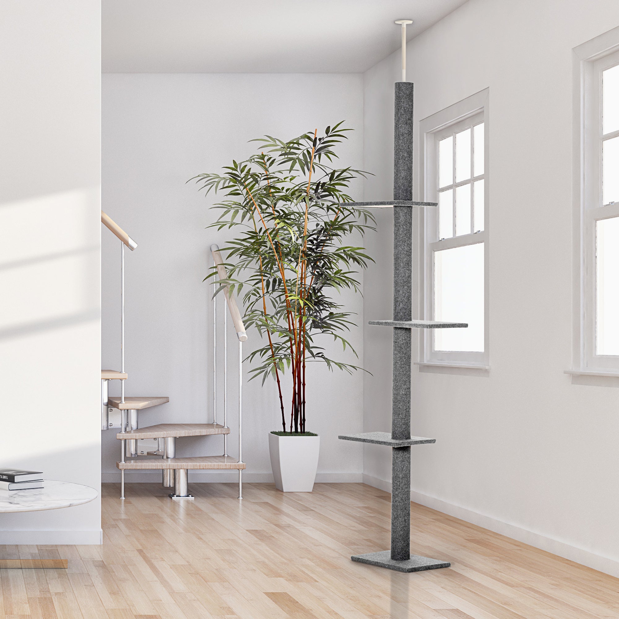 PawHut Floor-to-Ceiling Cat Tree Cat Climbing Tower with Sisal-Covered Scratching Posts Natural Cat Tree Activity Center for kittens Cat tower furniture, Grey