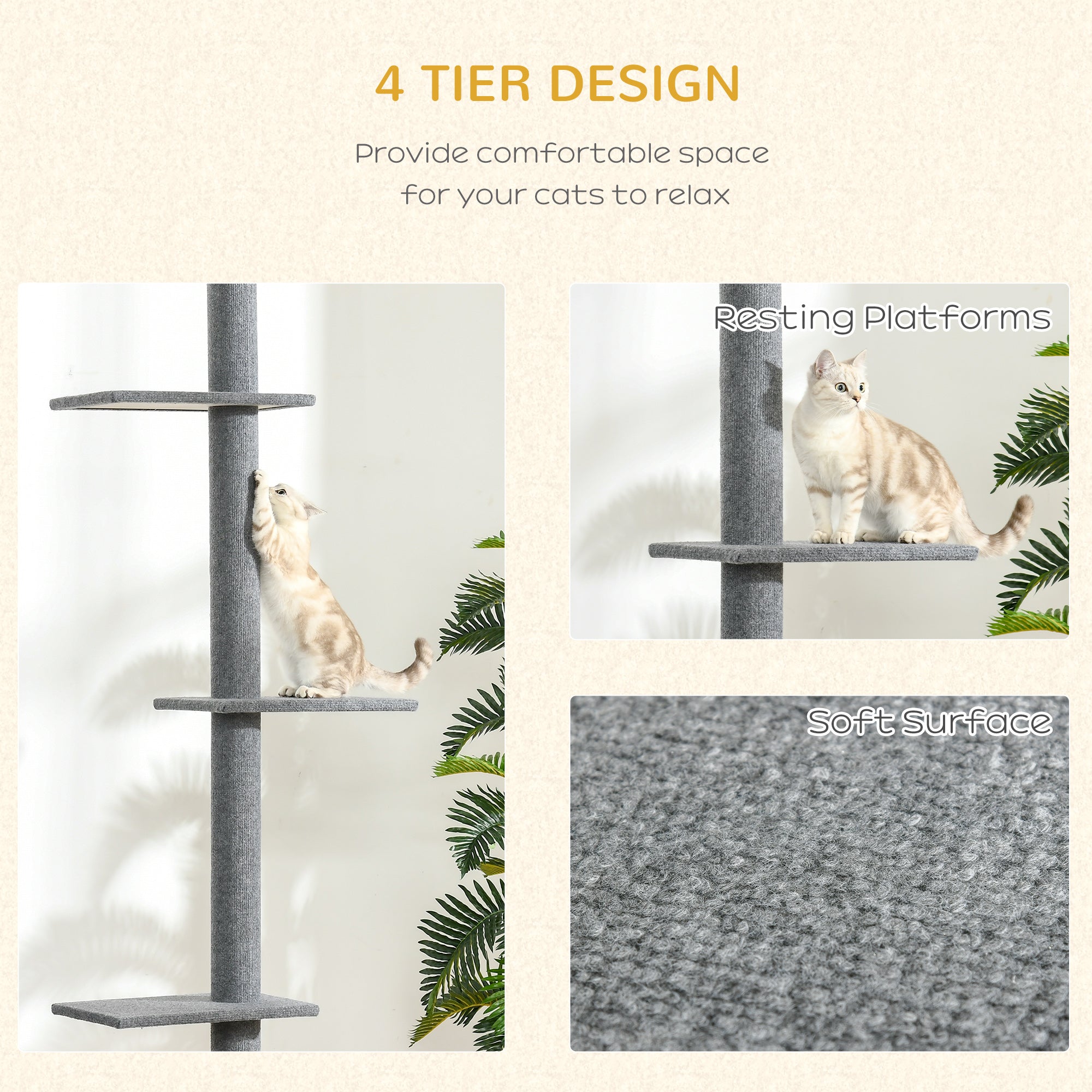 PawHut Floor-to-Ceiling Cat Tree Cat Climbing Tower with Sisal-Covered Scratching Posts Natural Cat Tree Activity Center for kittens Cat tower furniture, Grey