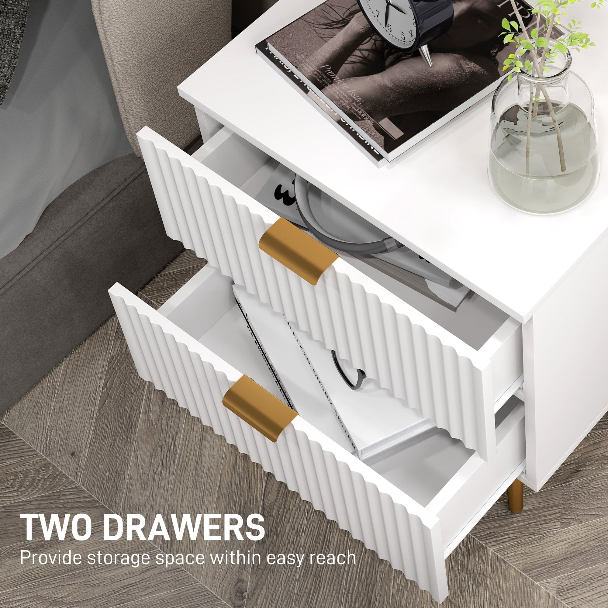 HOMCOM Nightstand, Bedside Table with 2 Drawers, Side End Table with Metal Legs for Bedroom, White