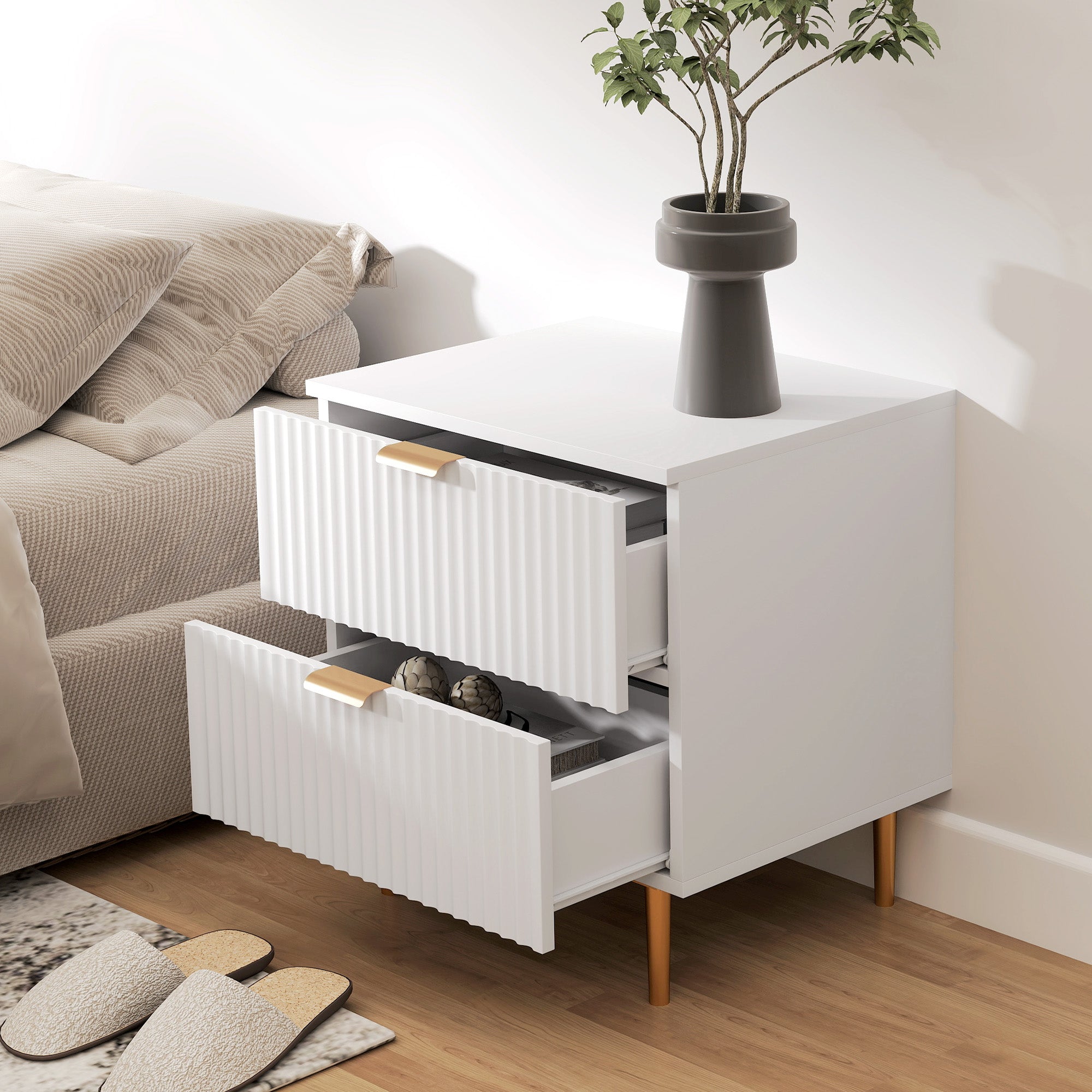 HOMCOM Nightstand, Bedside Table with 2 Drawers, Side End Table with Metal Legs for Bedroom, White