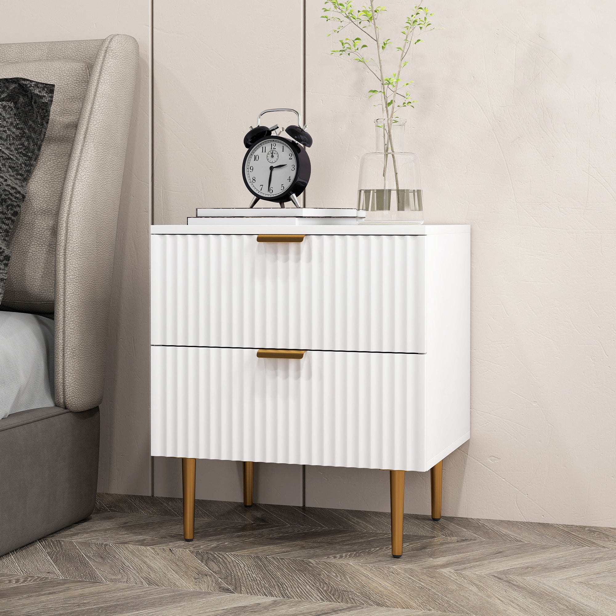 HOMCOM Nightstand, Bedside Table with 2 Drawers, Side End Table with Metal Legs for Bedroom, White
