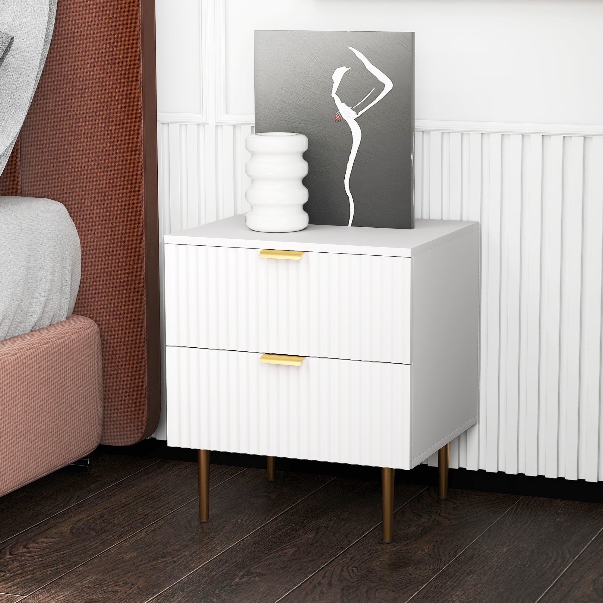 HOMCOM Nightstand, Bedside Table with 2 Drawers, Side End Table with Metal Legs for Bedroom, White