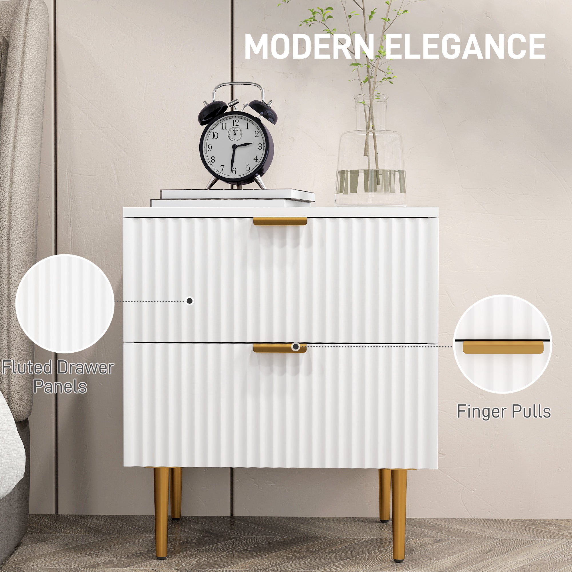 HOMCOM Nightstand, Bedside Table with 2 Drawers, Side End Table with Metal Legs for Bedroom, White
