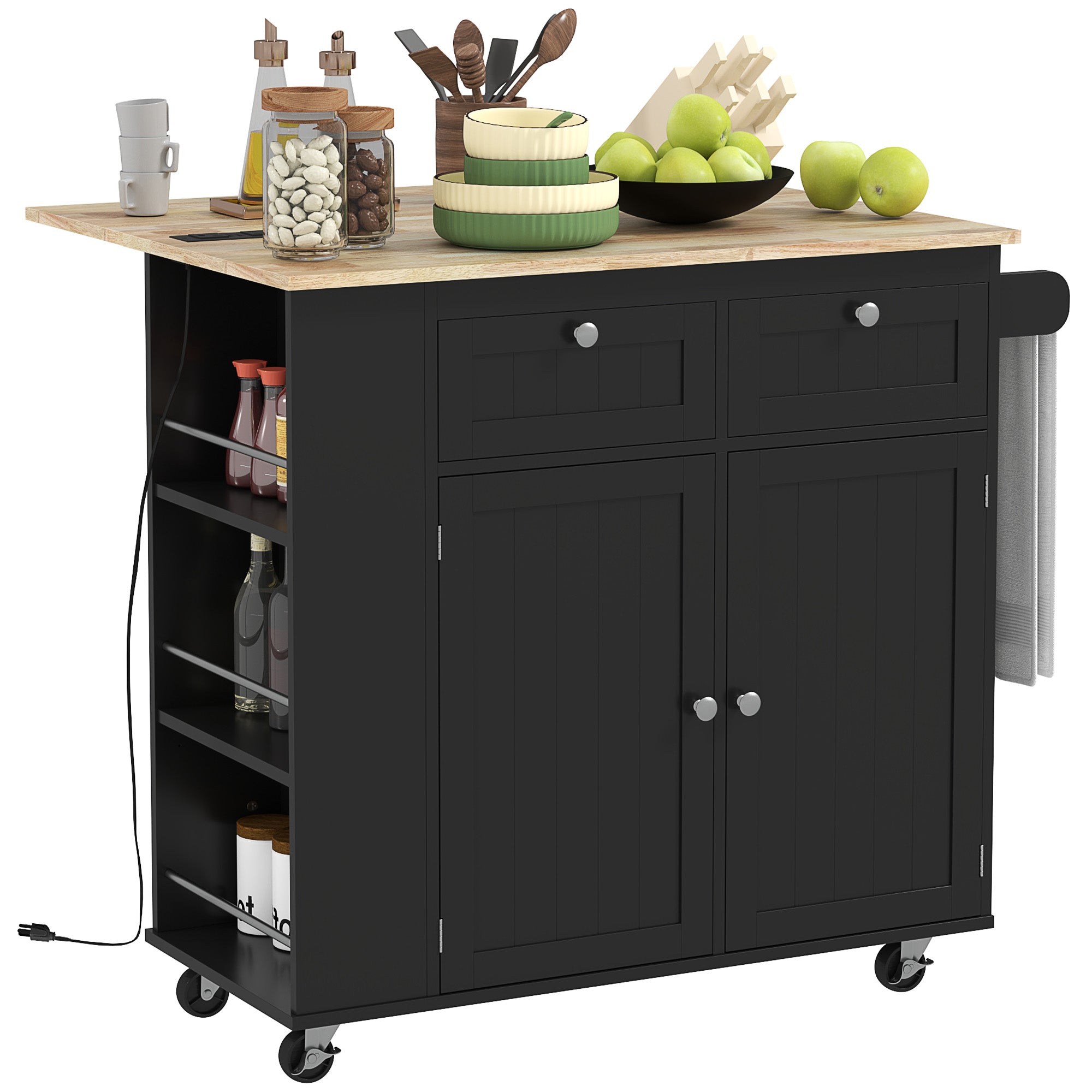 HOMCOM Kitchen Island with USB Ports & Power Outlets, Farmhouse Kitchen Cart with Wood Drop Leaf, Rolling Kitchen Island with 2 Drawers, Spice Rack and Adjustable Shelves, Black