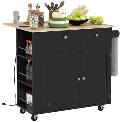 HOMCOM Kitchen Island with USB Ports & Power Outlets, Farmhouse Kitchen Cart with Wood Drop Leaf, Rolling Kitchen Island with 2 Drawers, Spice Rack and Adjustable Shelves, Black