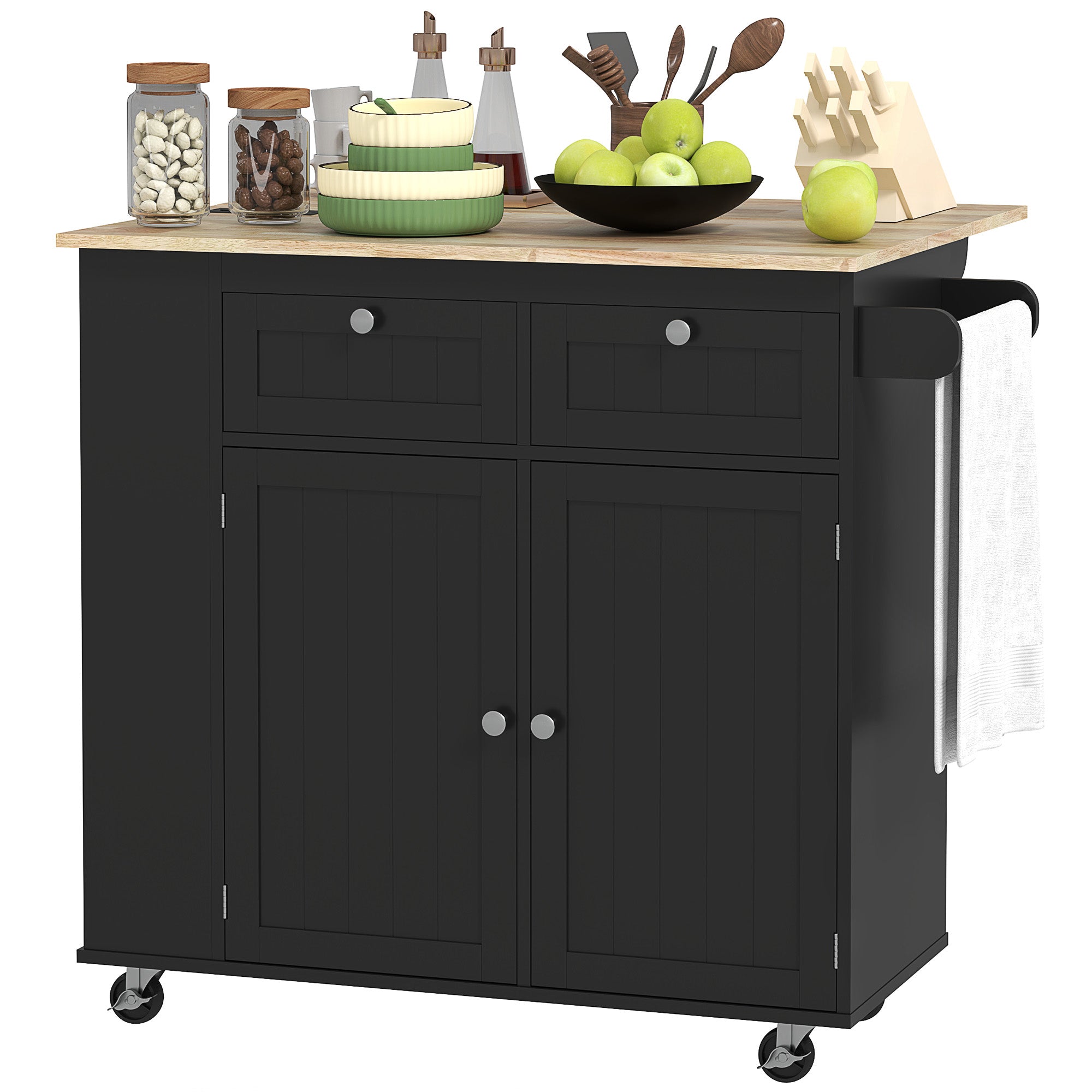 HOMCOM Kitchen Island with USB Ports & Power Outlets, Farmhouse Kitchen Cart with Wood Drop Leaf, Rolling Kitchen Island with 2 Drawers, Spice Rack and Adjustable Shelves, Black