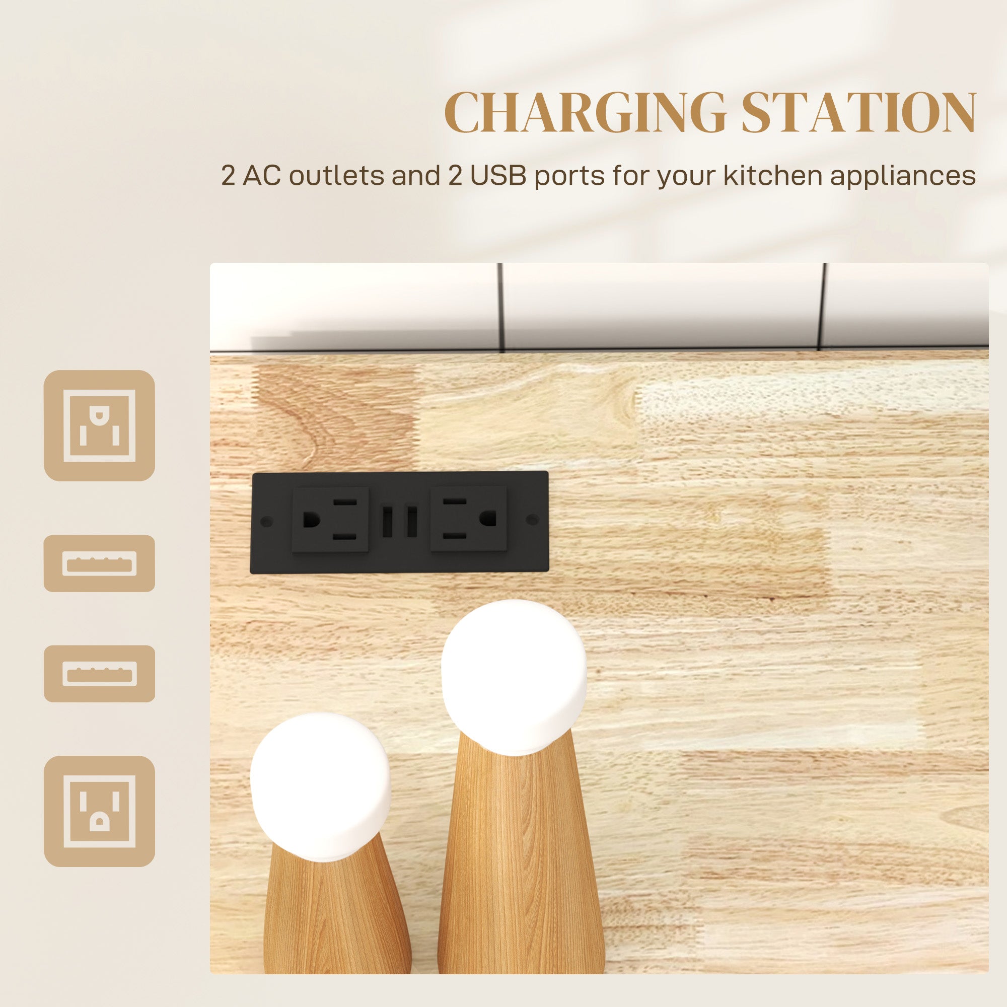 HOMCOM Kitchen Island with USB Ports & Power Outlets, Farmhouse Kitchen Cart with Wood Drop Leaf, Rolling Kitchen Island with 2 Drawers, Spice Rack and Adjustable Shelves, Black