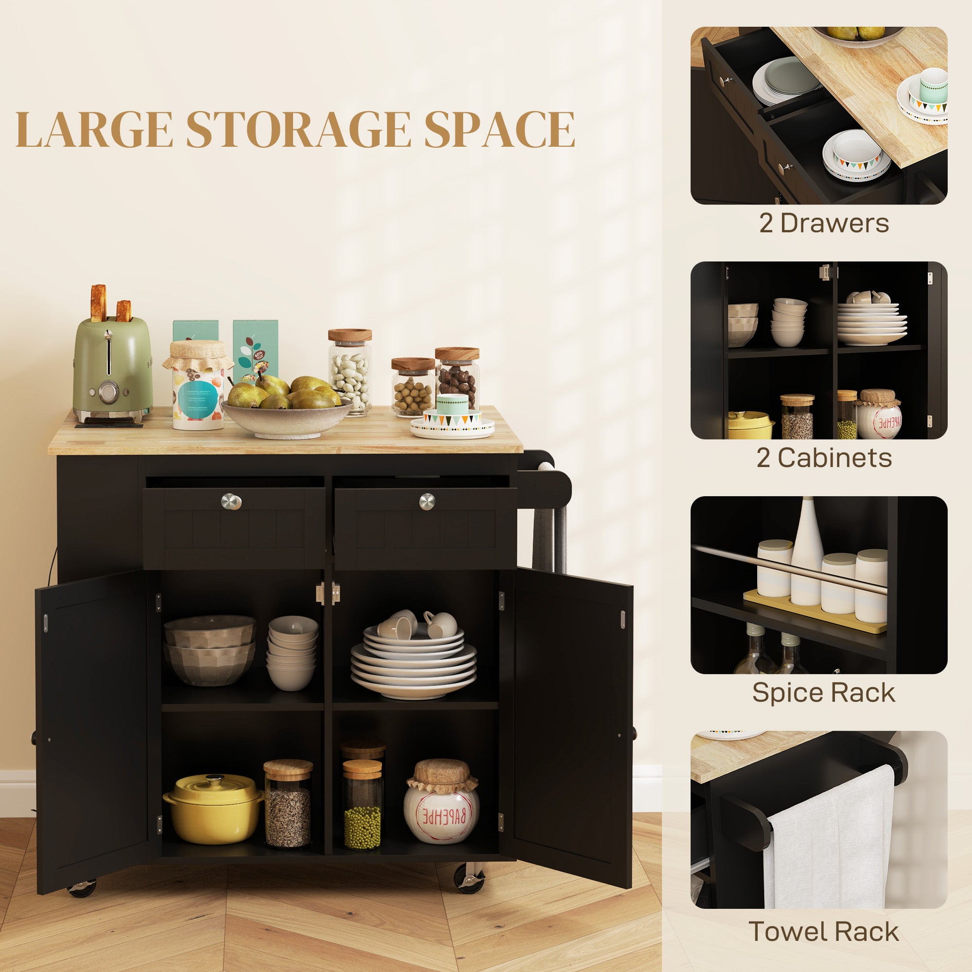 HOMCOM Kitchen Island with USB Ports & Power Outlets, Farmhouse Kitchen Cart with Wood Drop Leaf, Rolling Kitchen Island with 2 Drawers, Spice Rack and Adjustable Shelves, Black