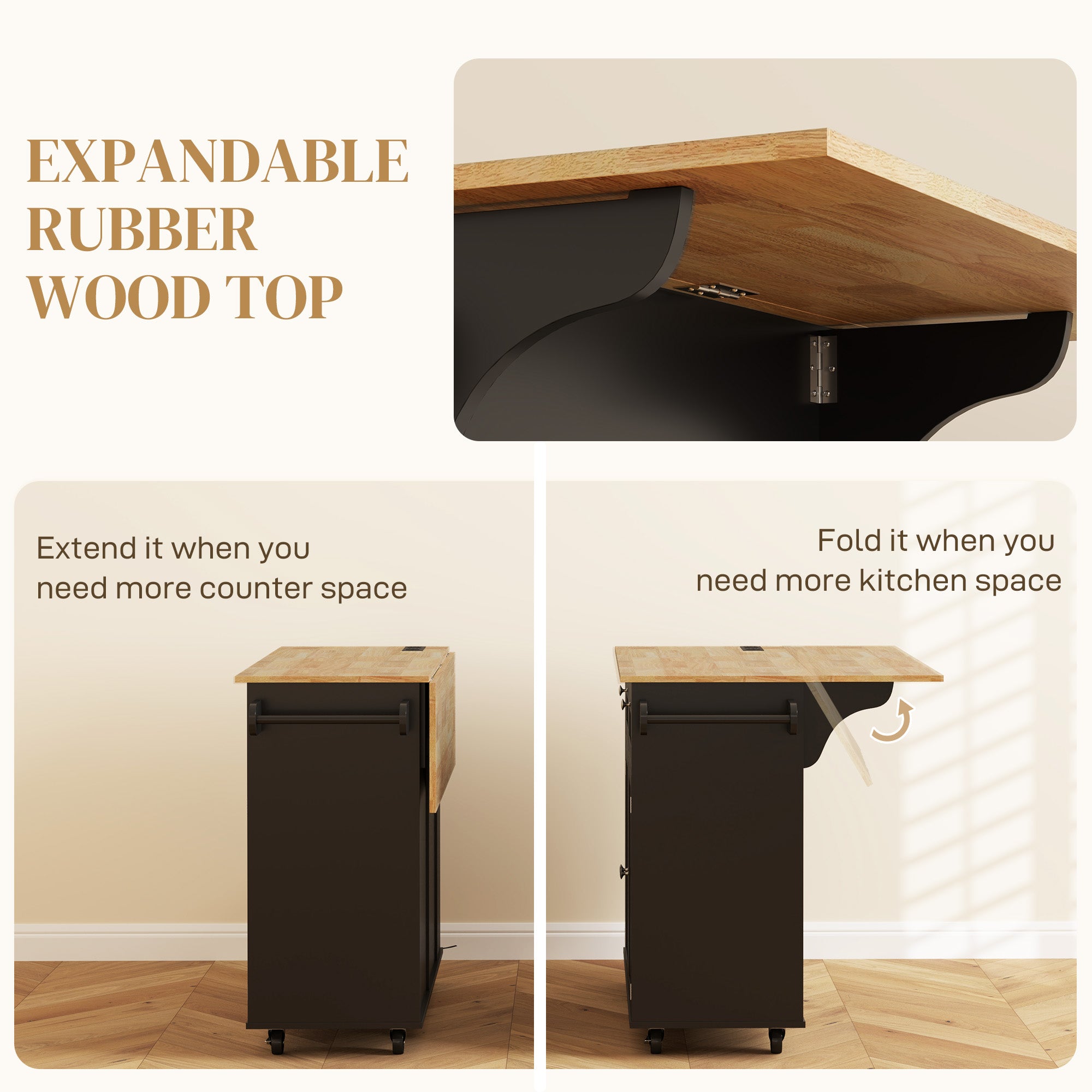 HOMCOM Kitchen Island with USB Ports & Power Outlets, Farmhouse Kitchen Cart with Wood Drop Leaf, Rolling Kitchen Island with 2 Drawers, Spice Rack and Adjustable Shelves, Black