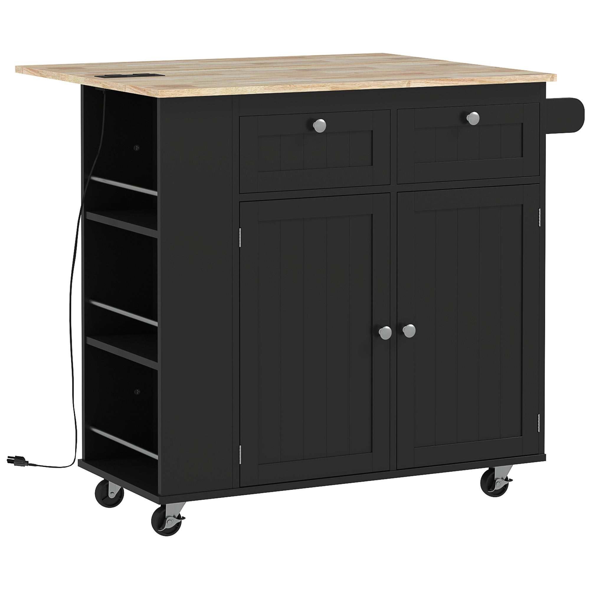 HOMCOM Kitchen Island with USB Ports & Power Outlets, Farmhouse Kitchen Cart with Wood Drop Leaf, Rolling Kitchen Island with 2 Drawers, Spice Rack and Adjustable Shelves, Black
