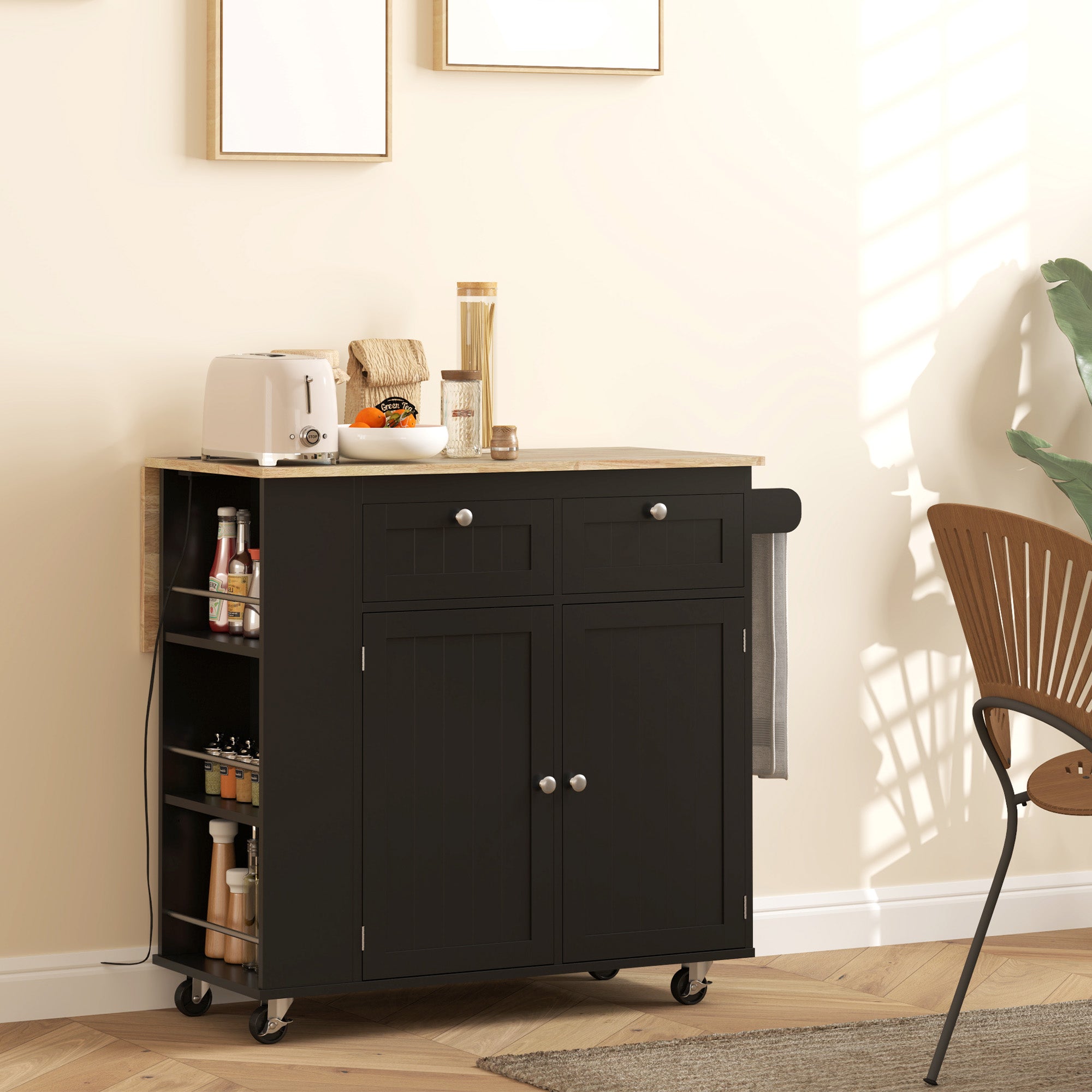 HOMCOM Kitchen Island with USB Ports & Power Outlets, Farmhouse Kitchen Cart with Wood Drop Leaf, Rolling Kitchen Island with 2 Drawers, Spice Rack and Adjustable Shelves, Black