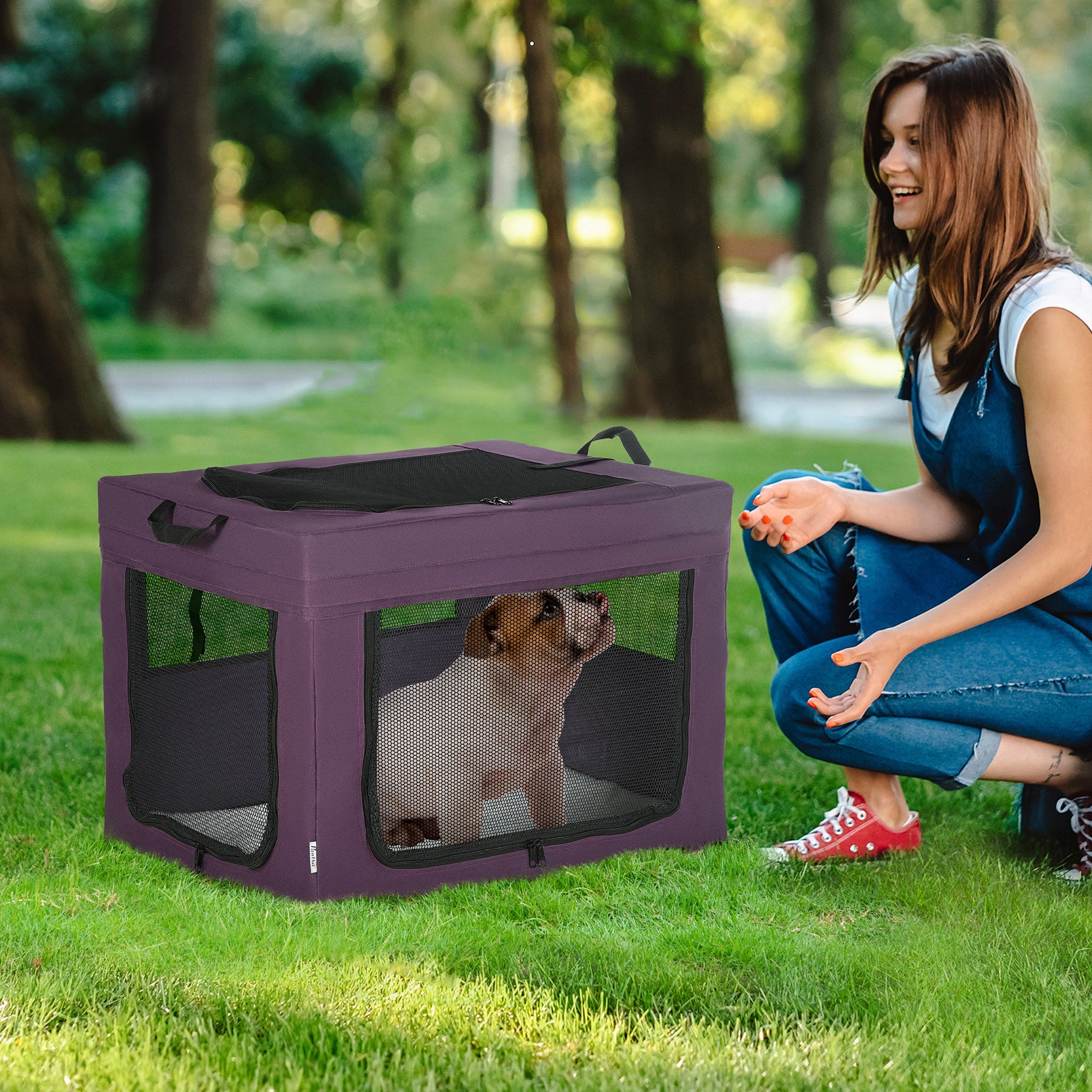 PawHut 69cm Pet Carrier for Miniature Dogs, Portable Cat Carrier Soft Side Pet Travel Crate with Removable Mat, Carry Bag, Breathable Mesh Window Door - Grey