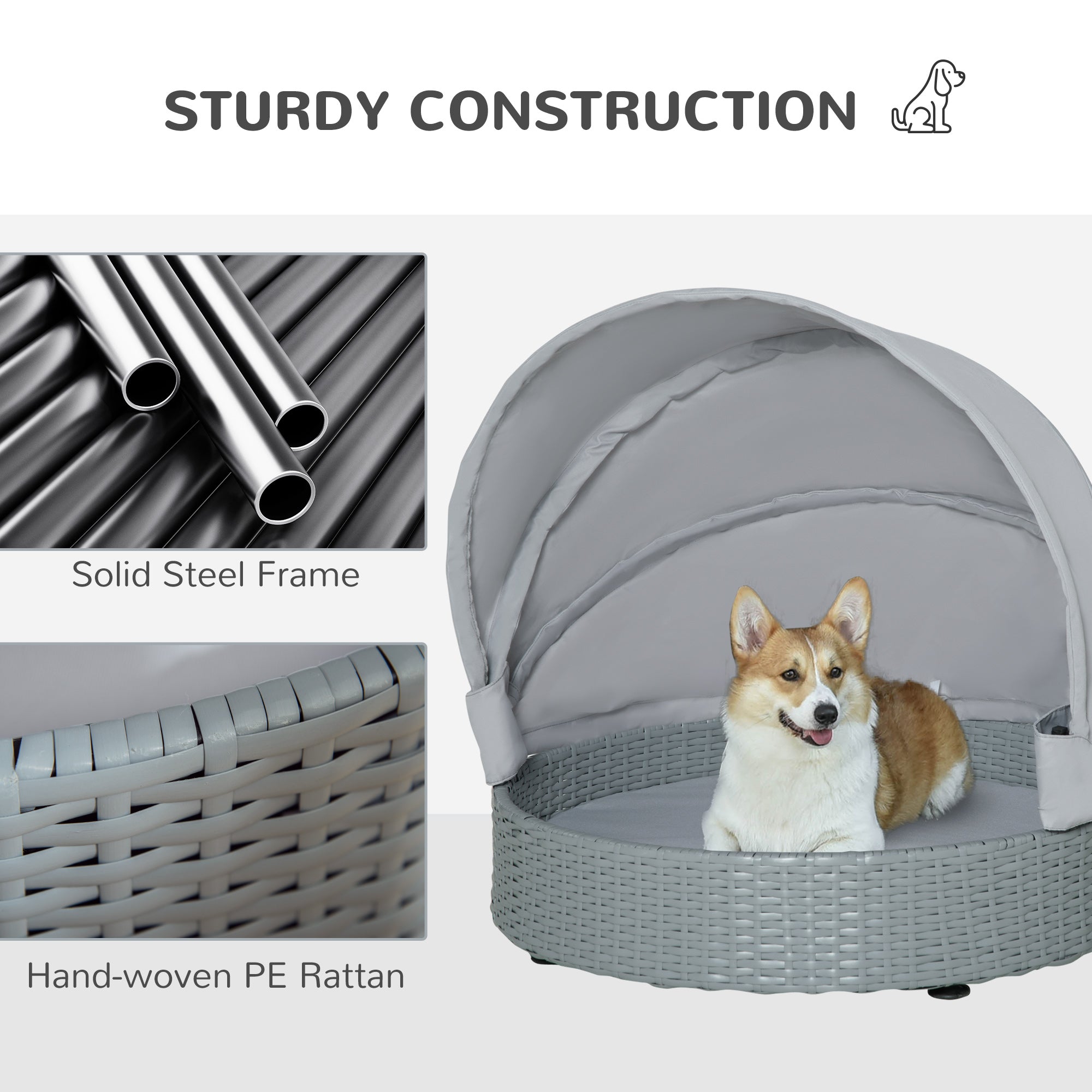 PawHut Wicker Dog Bed Rattan Pet Sofa with Adjustable Canopy Pet House Shelter for Small Dogs with Cushion Indoor Outdoor, Grey