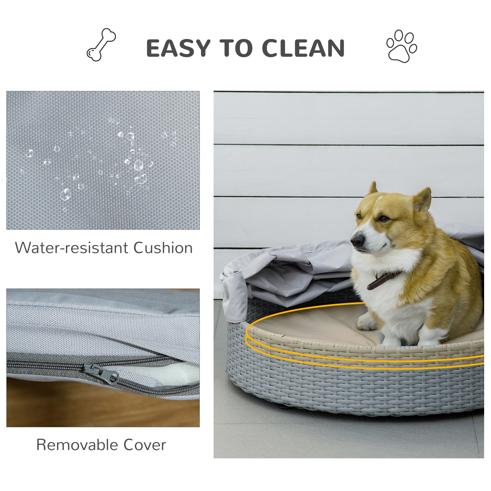 PawHut Wicker Dog Bed Rattan Pet Sofa with Adjustable Canopy Pet House Shelter for Small Dogs with Cushion Indoor Outdoor, Grey