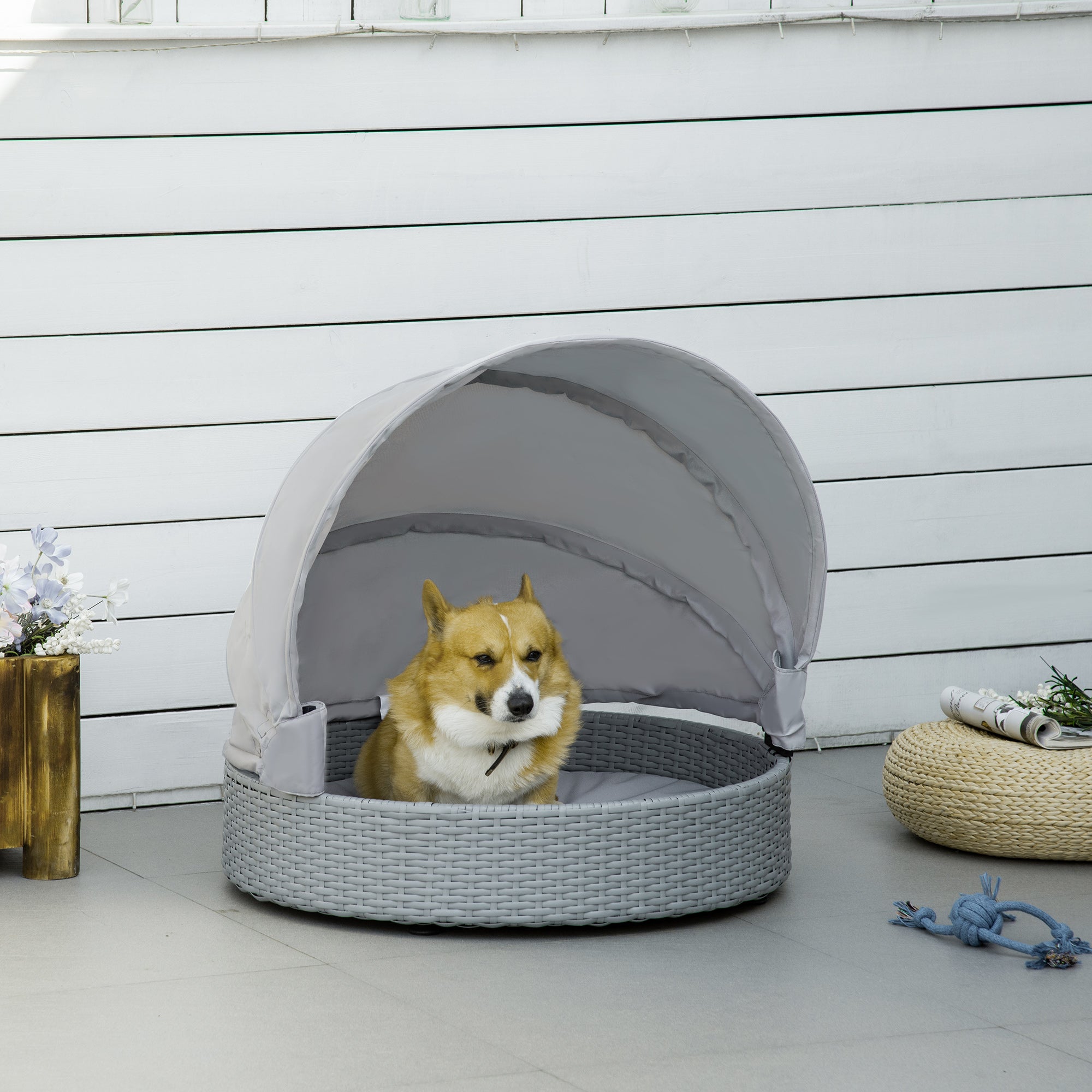 PawHut Wicker Dog Bed Rattan Pet Sofa with Adjustable Canopy Pet House Shelter for Small Dogs with Cushion Indoor Outdoor, Grey