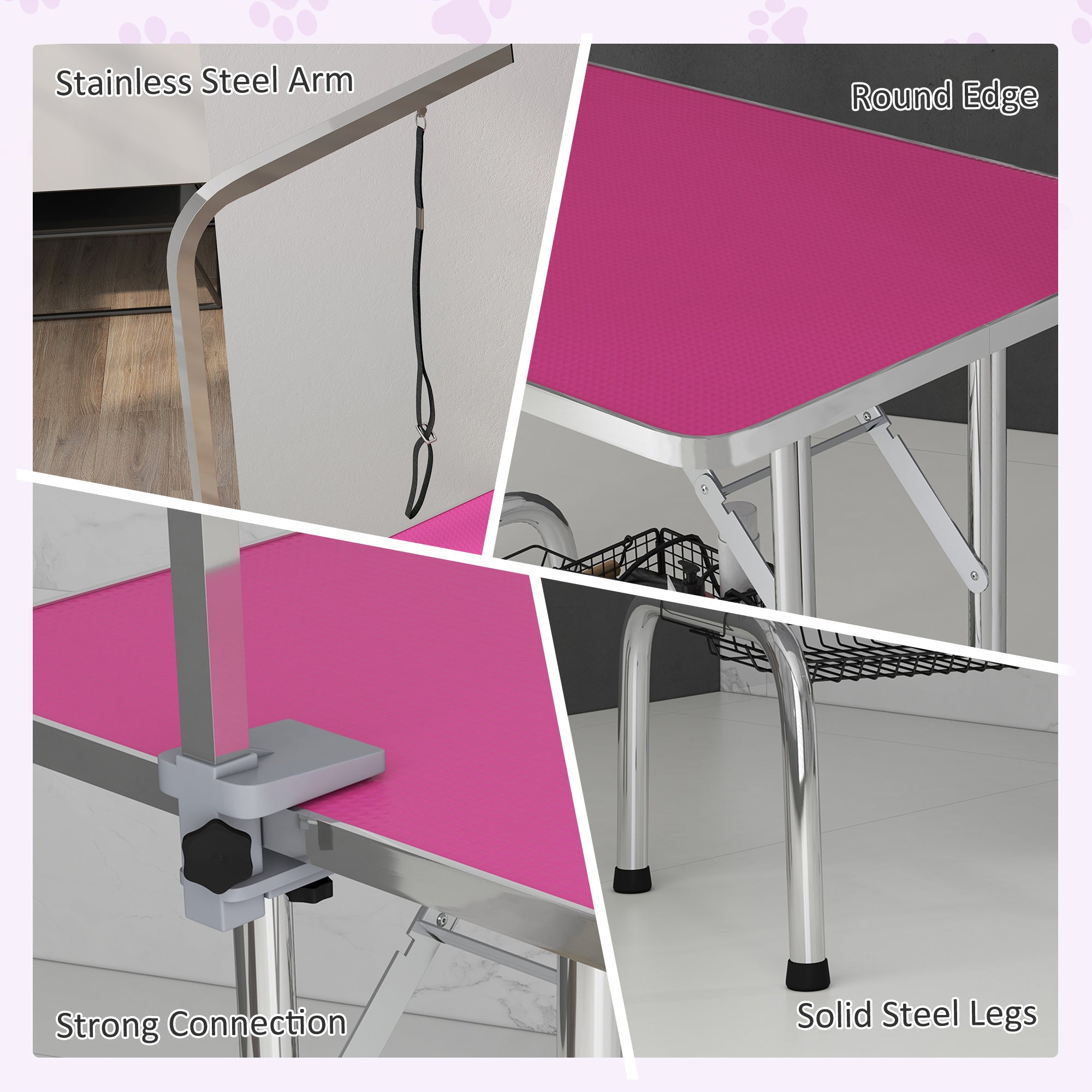 PawHut 36" Dog Grooming Table with Adjustable Grooming Arm, Pet Grooming Table for Dogs with Storage Shelf, Foldable Design, Pink