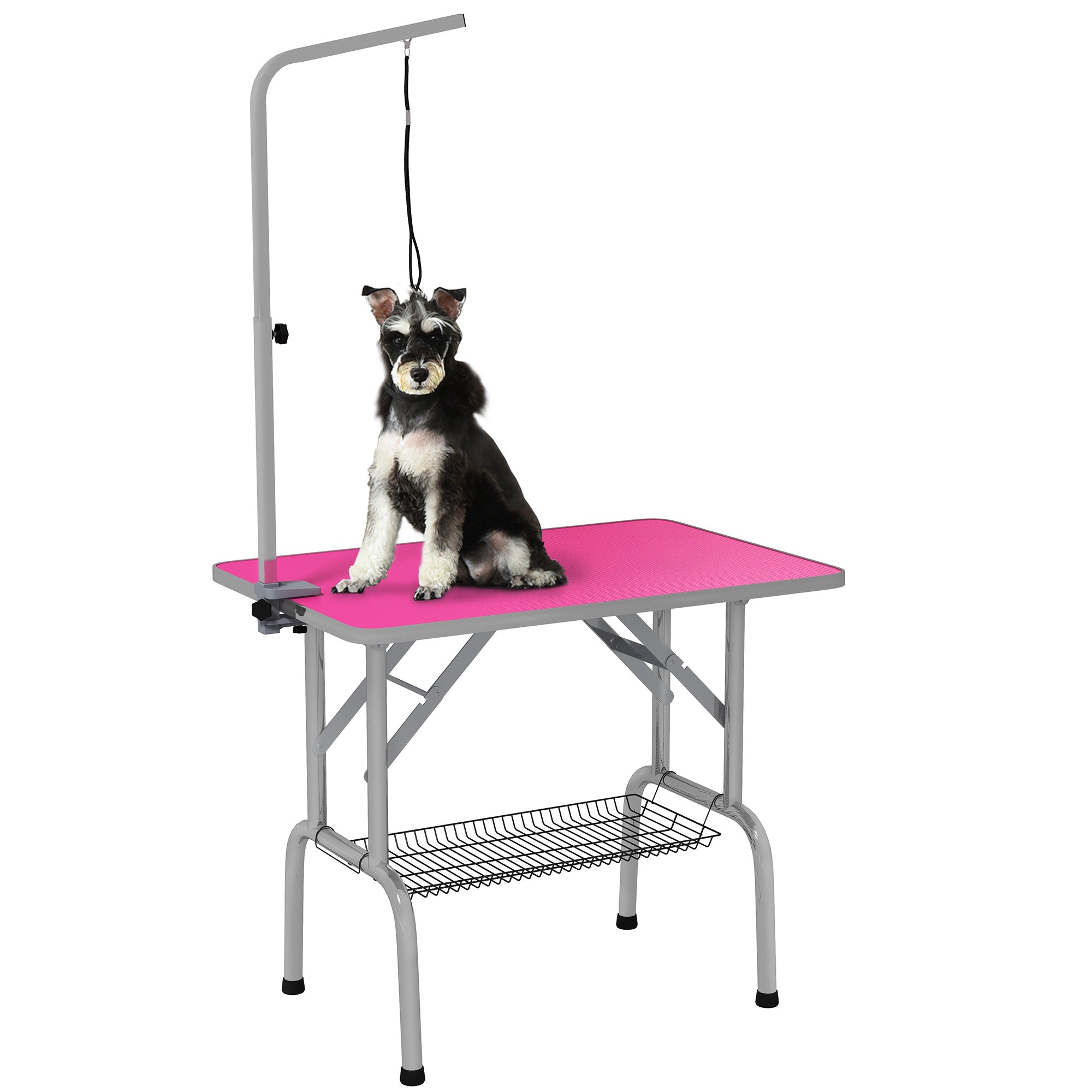 PawHut 36" Dog Grooming Table with Adjustable Grooming Arm, Pet Grooming Table for Dogs with Storage Shelf, Foldable Design, Pink