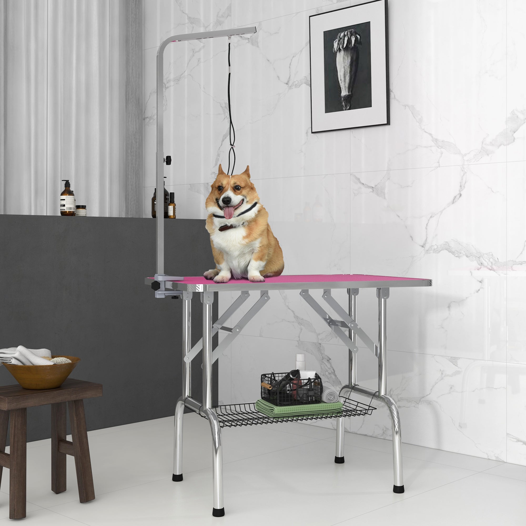 PawHut 36" Dog Grooming Table with Adjustable Grooming Arm, Pet Grooming Table for Dogs with Storage Shelf, Foldable Design, Pink