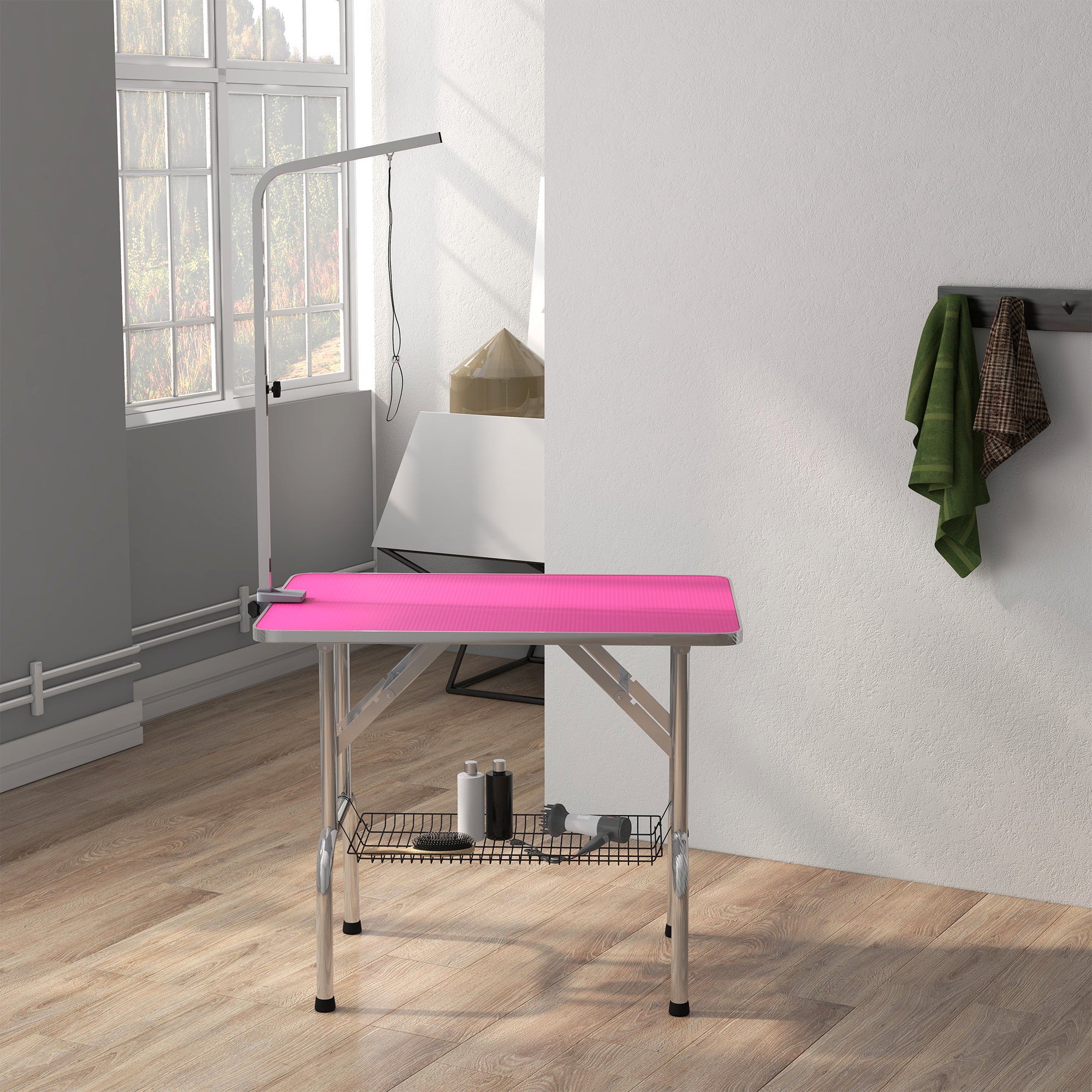 PawHut 36" Dog Grooming Table with Adjustable Grooming Arm, Pet Grooming Table for Dogs with Storage Shelf, Foldable Design, Pink