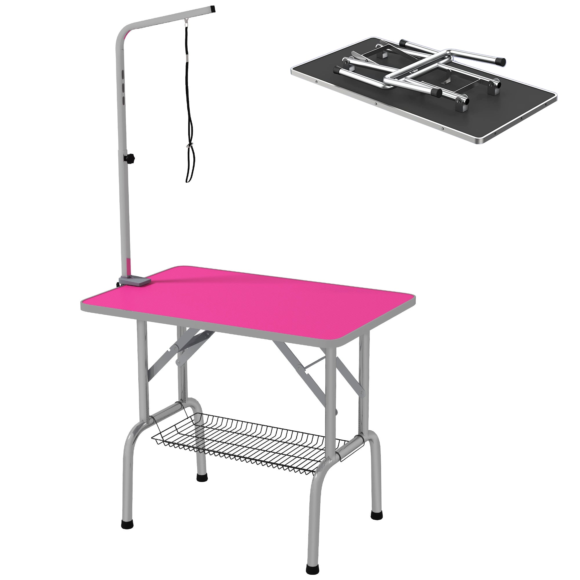 PawHut 36" Dog Grooming Table with Adjustable Grooming Arm, Pet Grooming Table for Dogs with Storage Shelf, Foldable Design, Pink