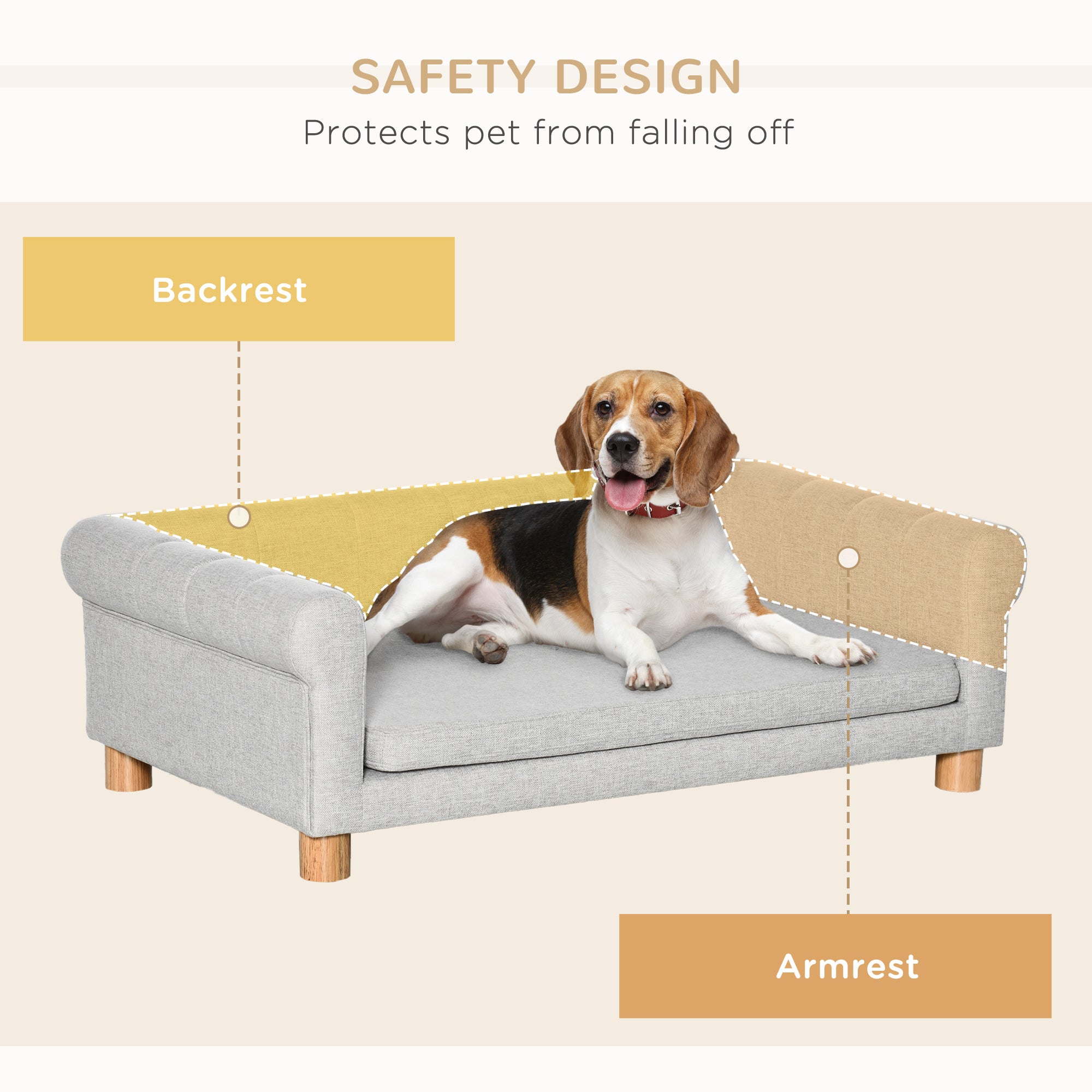 PawHut Modern Pet Sofa Cat or Medium Large Dog Bed W/ Removable Seat Cushion, Light Grey