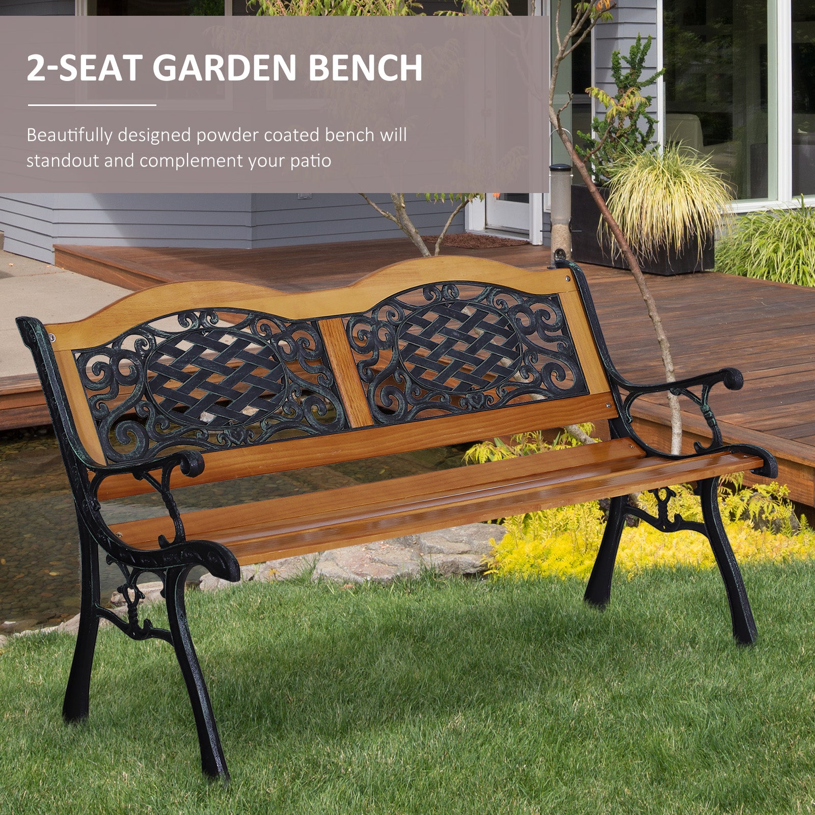 Outsunny 50" Garden Bench Porch Park Chair Cast Iron Hardwood
