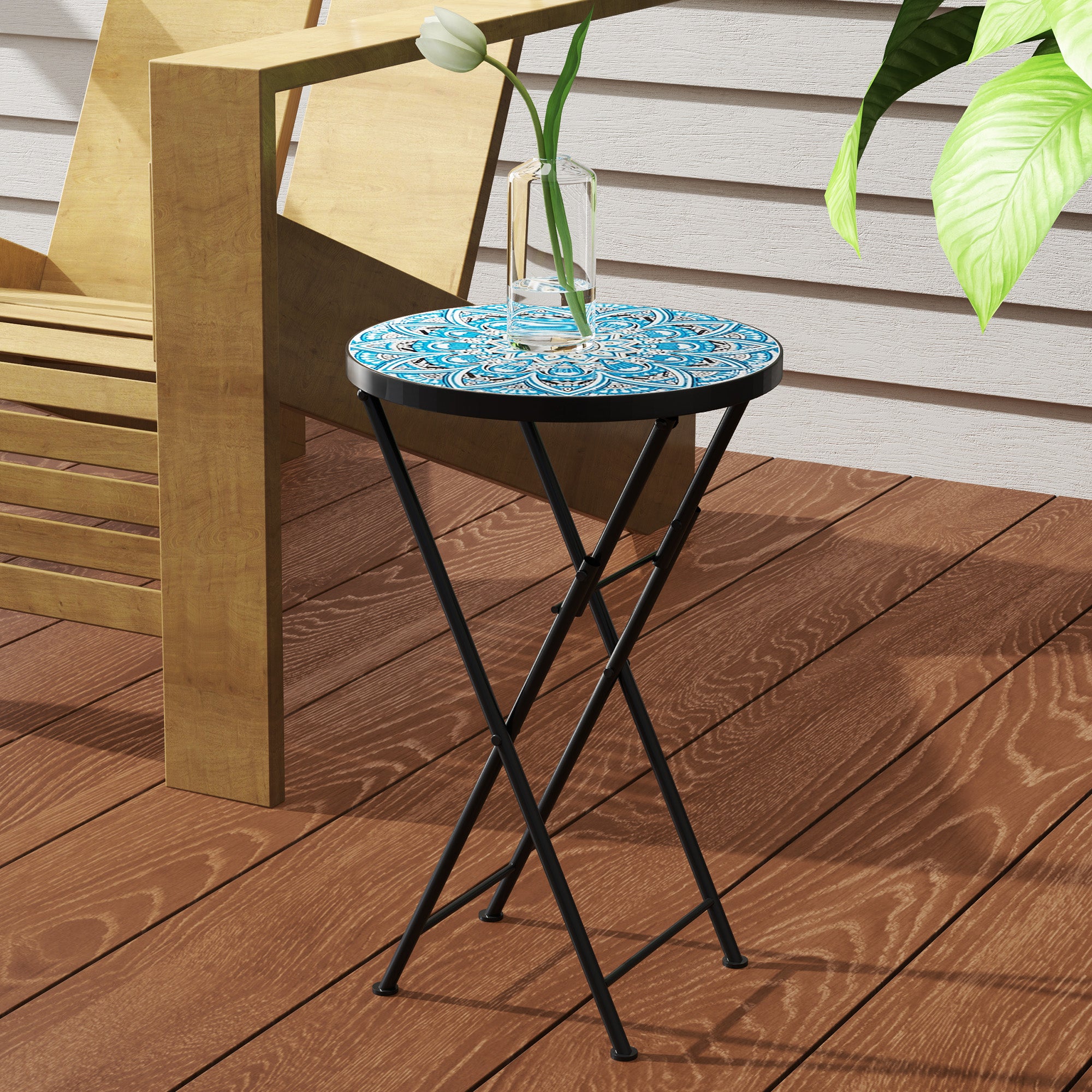 Outsunny Mosaic Patio Side Table, 14" Round Folding Outdoor Coffee Table with Steel Frame, Indoor Outdoor Side Table for Balcony Deck Patio Terrace, Blue