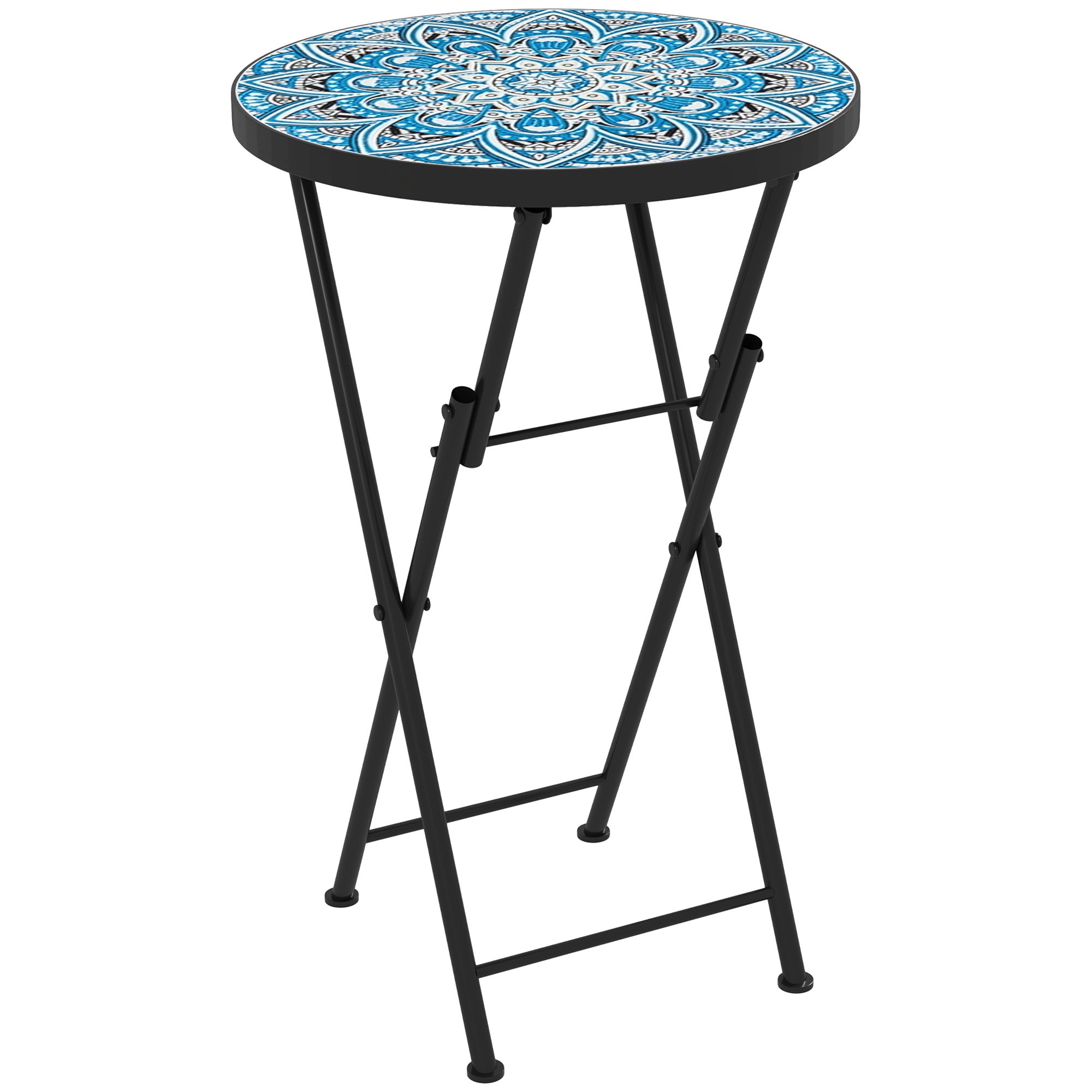 Outsunny Mosaic Patio Side Table, 14" Round Folding Outdoor Coffee Table with Steel Frame, Indoor Outdoor Side Table for Balcony Deck Patio Terrace, Blue