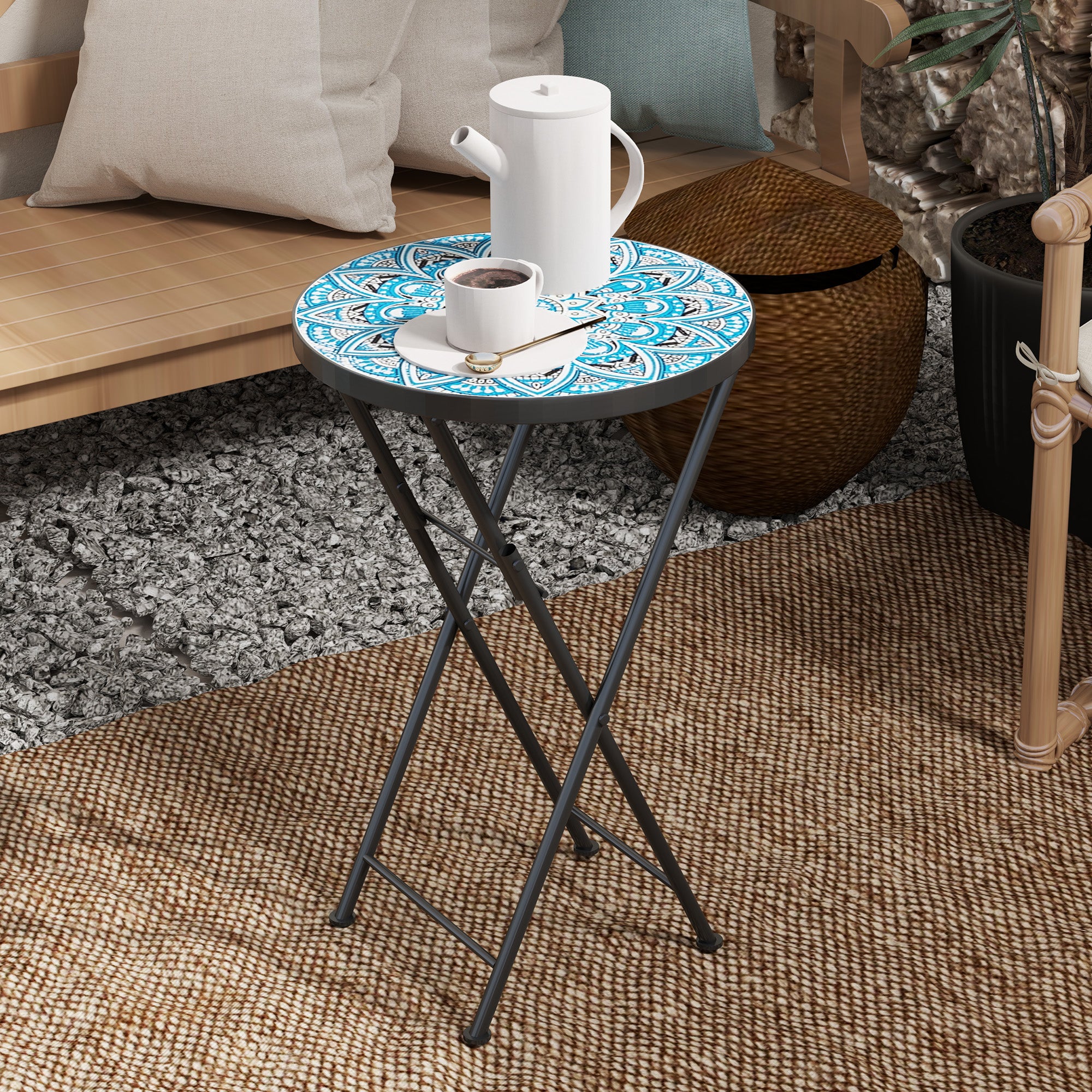 Outsunny Mosaic Patio Side Table, 14" Round Folding Outdoor Coffee Table with Steel Frame, Indoor Outdoor Side Table for Balcony Deck Patio Terrace, Blue