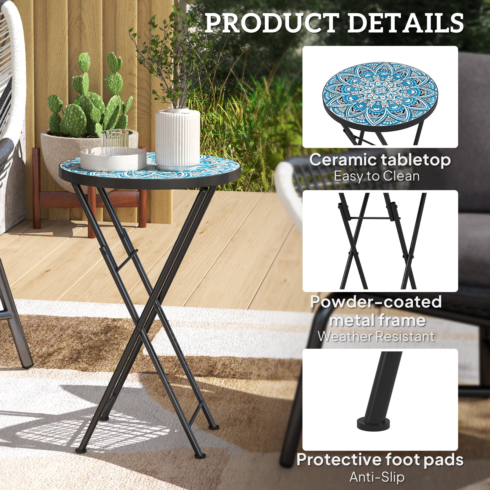 Outsunny Mosaic Patio Side Table, 14" Round Folding Outdoor Coffee Table with Steel Frame, Indoor Outdoor Side Table for Balcony Deck Patio Terrace, Blue
