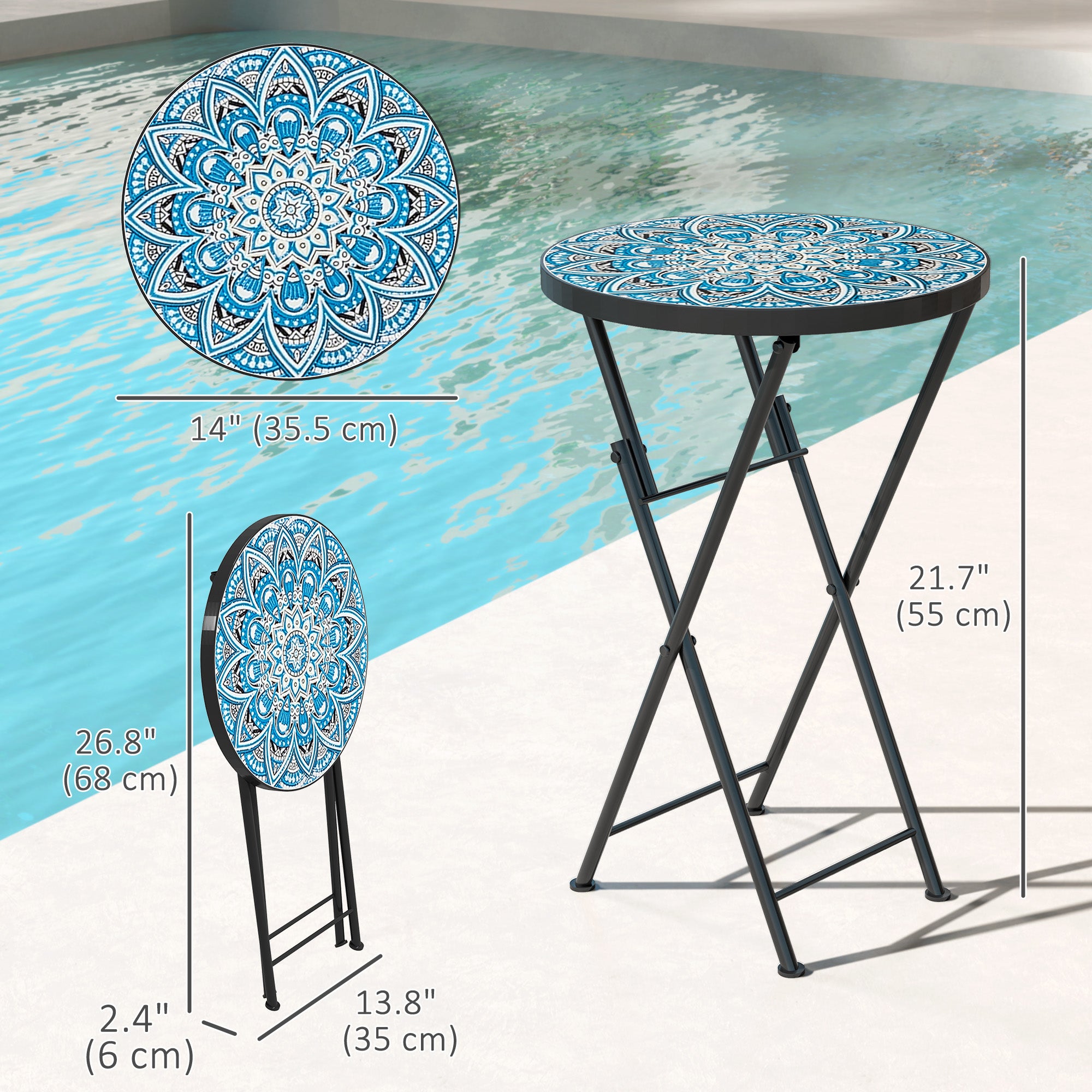 Outsunny Mosaic Patio Side Table, 14" Round Folding Outdoor Coffee Table with Steel Frame, Indoor Outdoor Side Table for Balcony Deck Patio Terrace, Blue