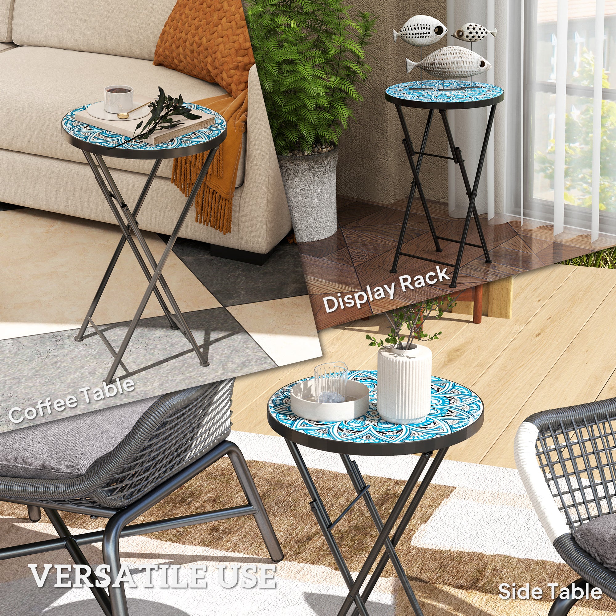 Outsunny Mosaic Patio Side Table, 14" Round Folding Outdoor Coffee Table with Steel Frame, Indoor Outdoor Side Table for Balcony Deck Patio Terrace, Blue