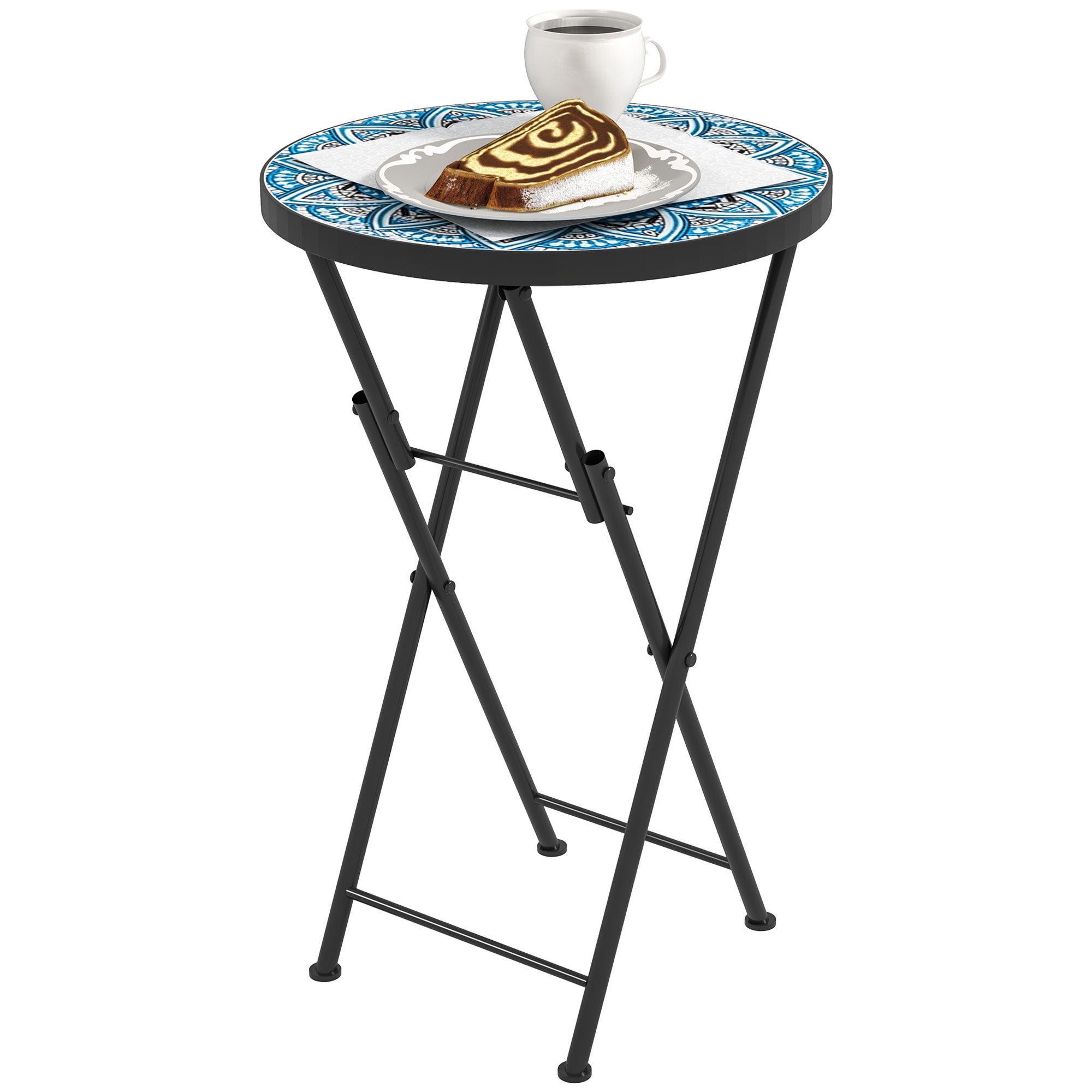 Outsunny Mosaic Patio Side Table, 14" Round Folding Outdoor Coffee Table with Steel Frame, Indoor Outdoor Side Table for Balcony Deck Patio Terrace, Blue