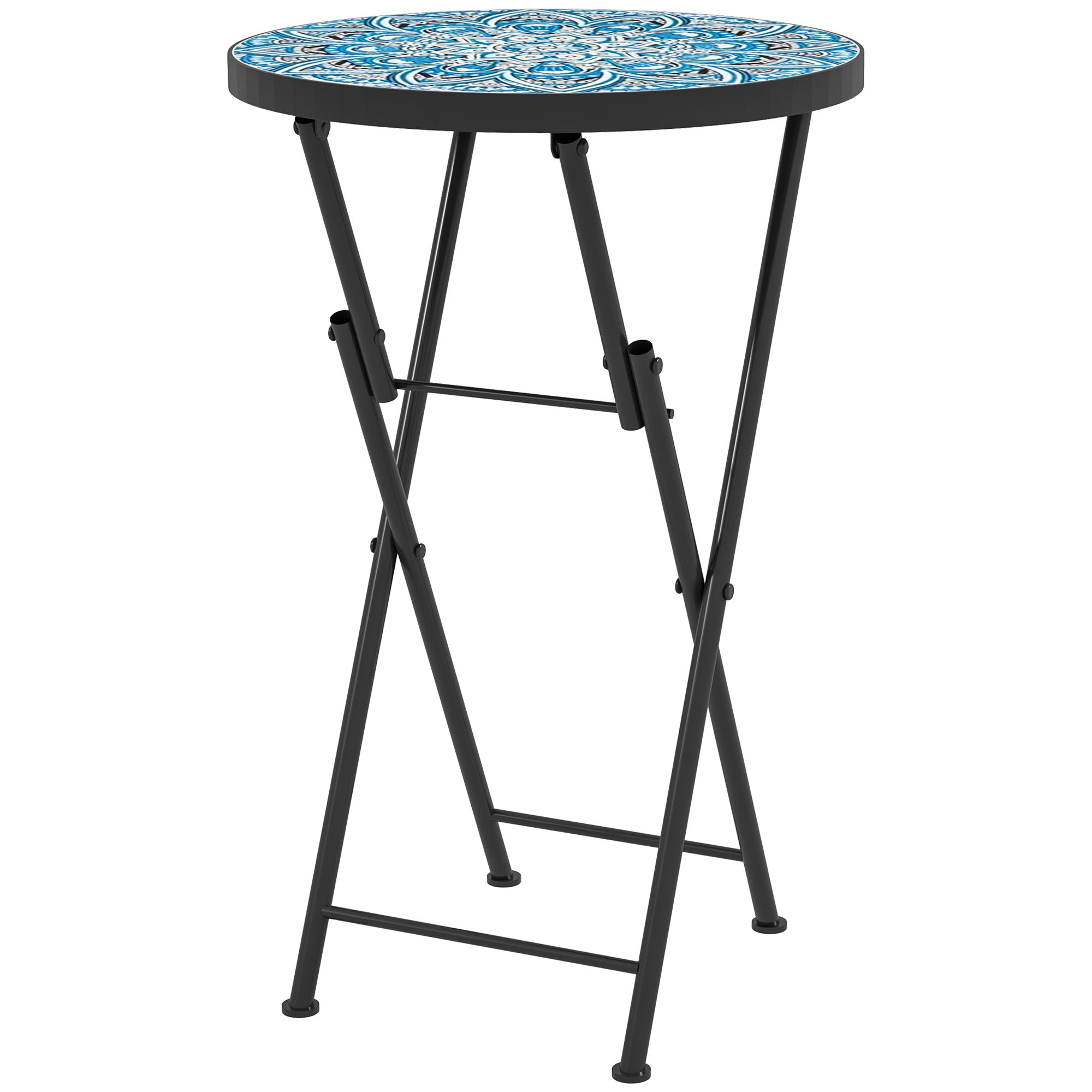 Outsunny Mosaic Patio Side Table, 14" Round Folding Outdoor Coffee Table with Steel Frame, Indoor Outdoor Side Table for Balcony Deck Patio Terrace, Blue
