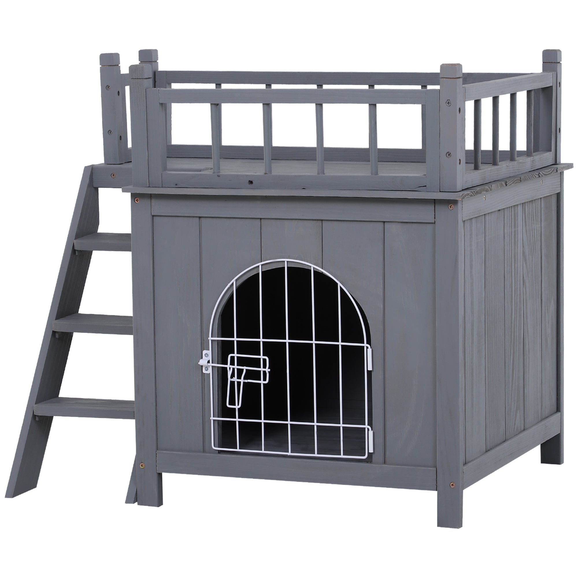 PawHut 2-Story Pet House for Cats Miniature Sized Dogs, Wooden Kitten Shelter with Enclosure, Balcony, Lockable Gate, Stairs, Grey