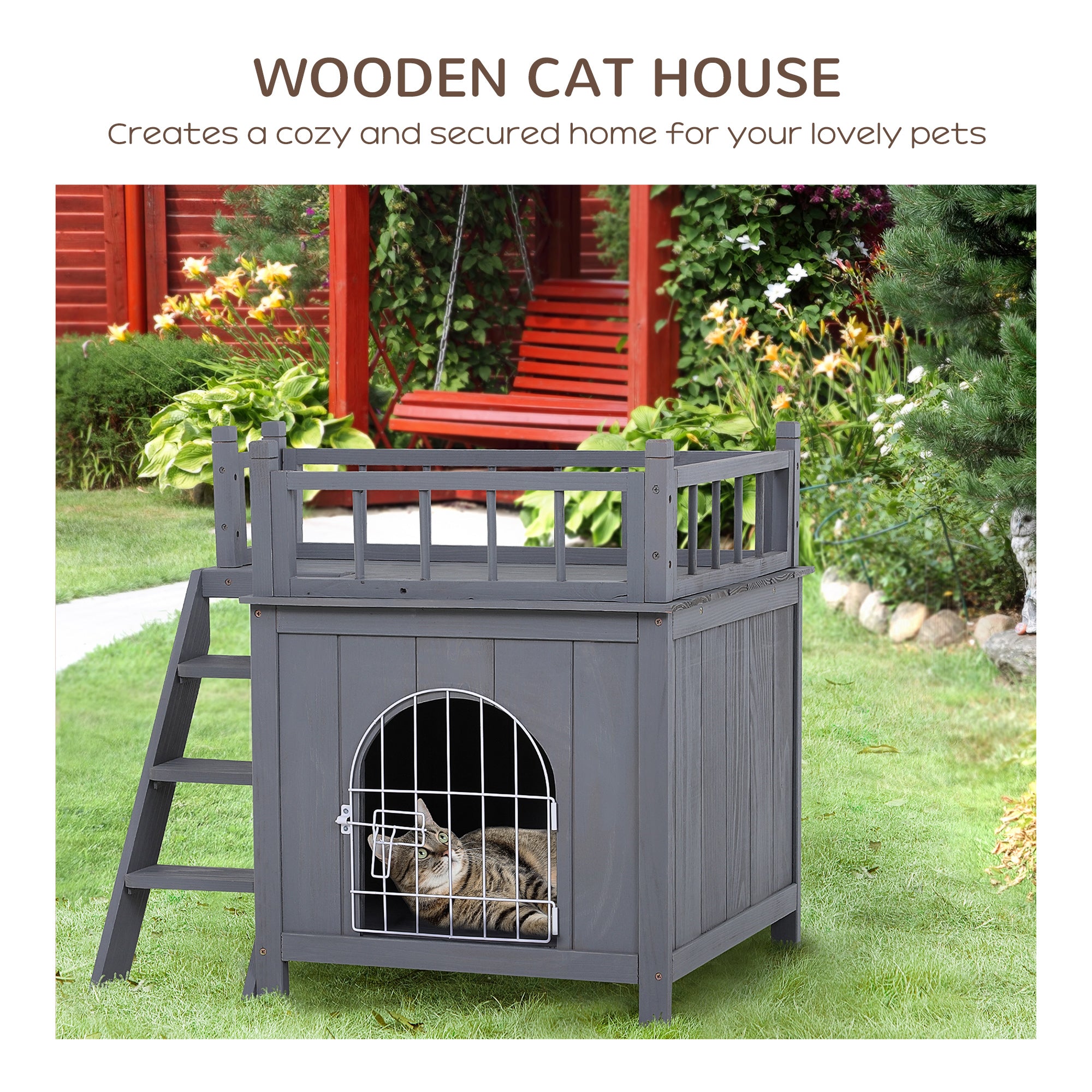 PawHut 2-Story Pet House for Cats Miniature Sized Dogs, Wooden Kitten Shelter with Enclosure, Balcony, Lockable Gate, Stairs, Grey