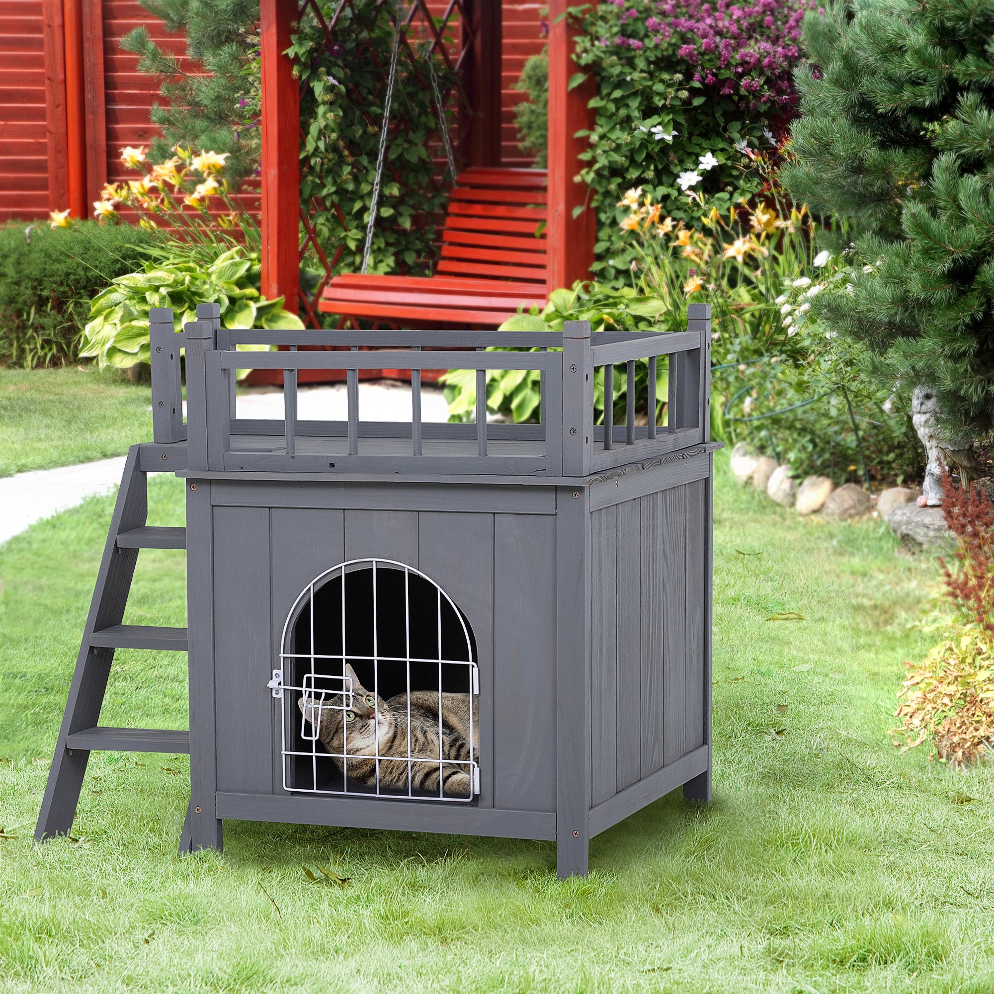 PawHut 2-Story Pet House for Cats Miniature Sized Dogs, Wooden Kitten Shelter with Enclosure, Balcony, Lockable Gate, Stairs, Grey