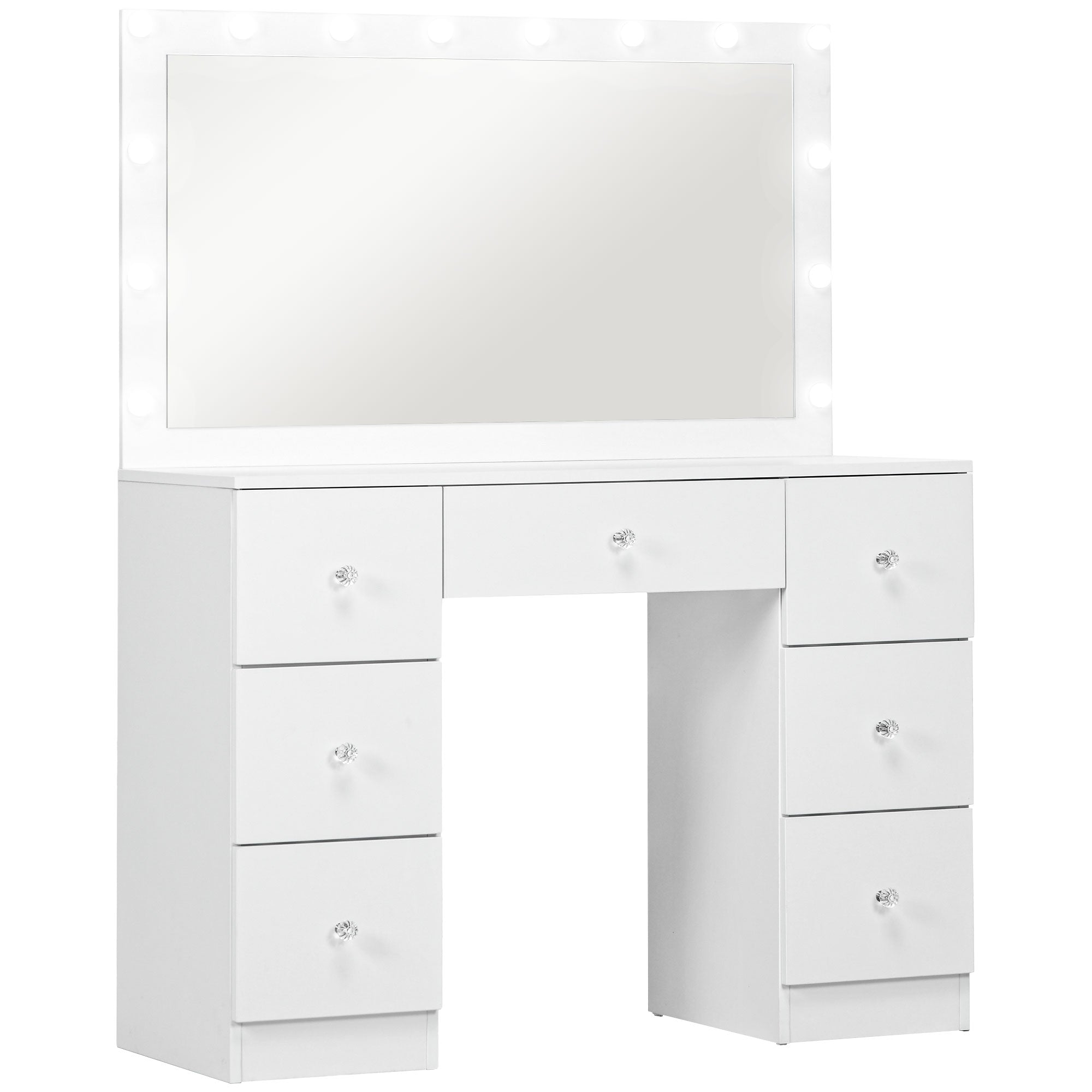 HOMCOM Makeup Vanity Desk with Mirror and Lights, Modern Dressing Table with Lighted Large Mirror, 7 Drawers and 10 LED Lights for Bedroom, White