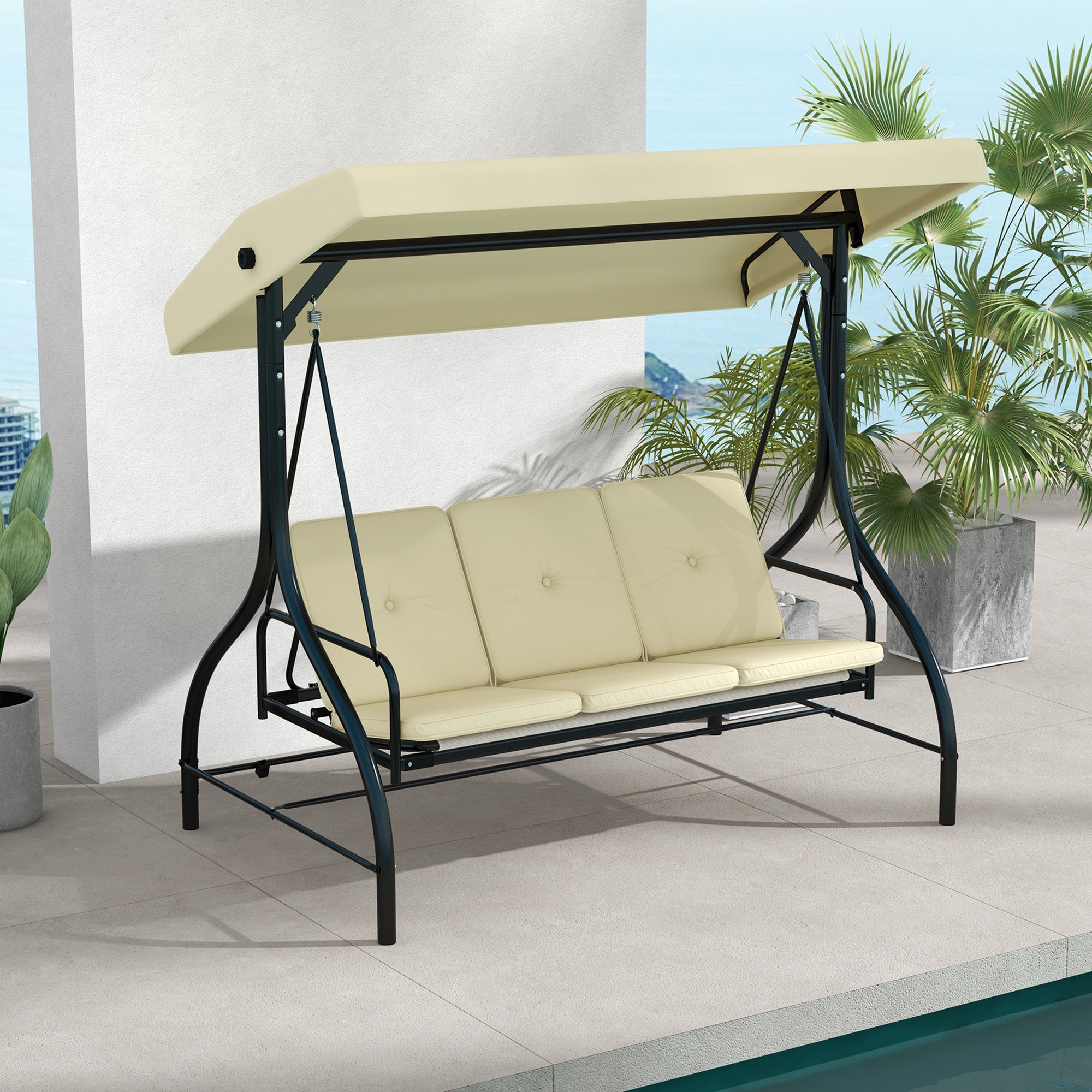 Outsunny 3 Seater Patio Swing Chair Convertible Cushioned Porch Swing Bed Outdoor Swing with Canopy Beige