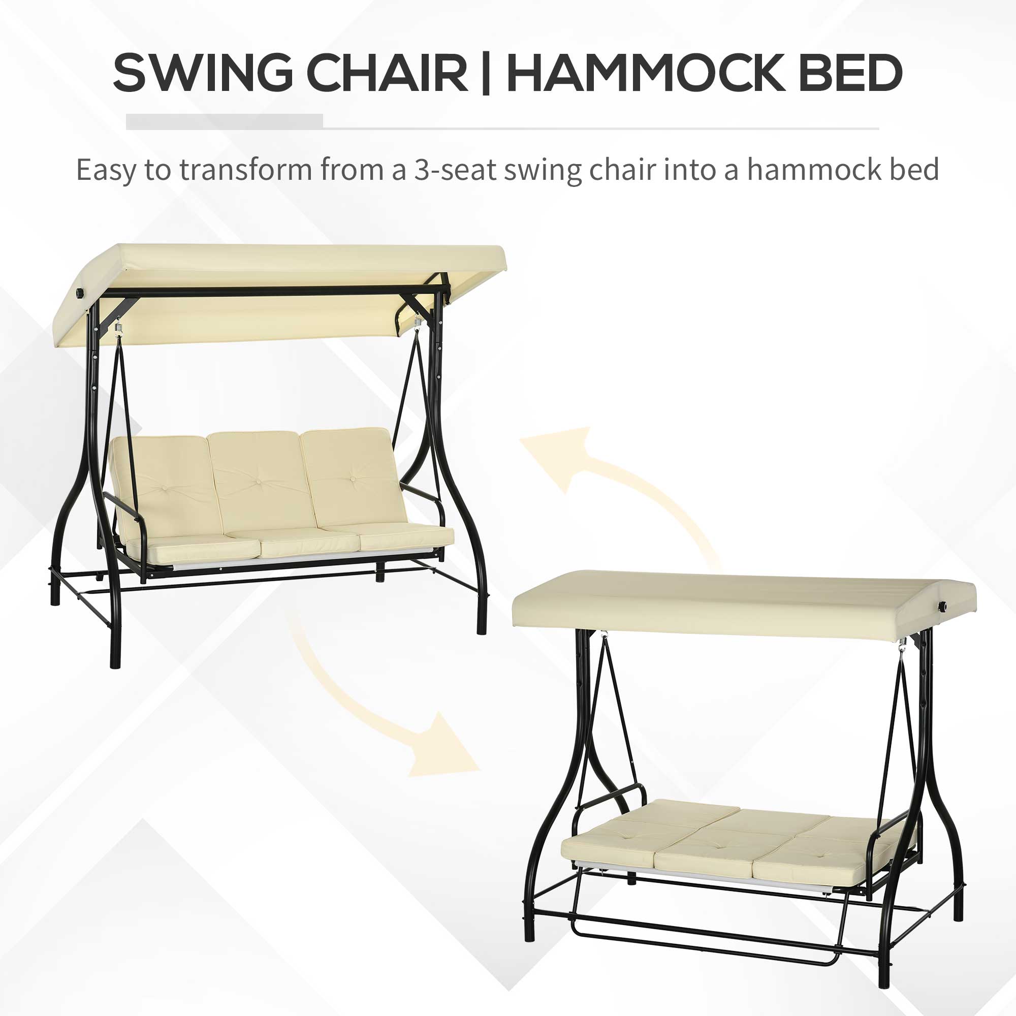 Outsunny 3 Seater Patio Swing Chair Convertible Cushioned Porch Swing Bed Outdoor Swing with Canopy Beige