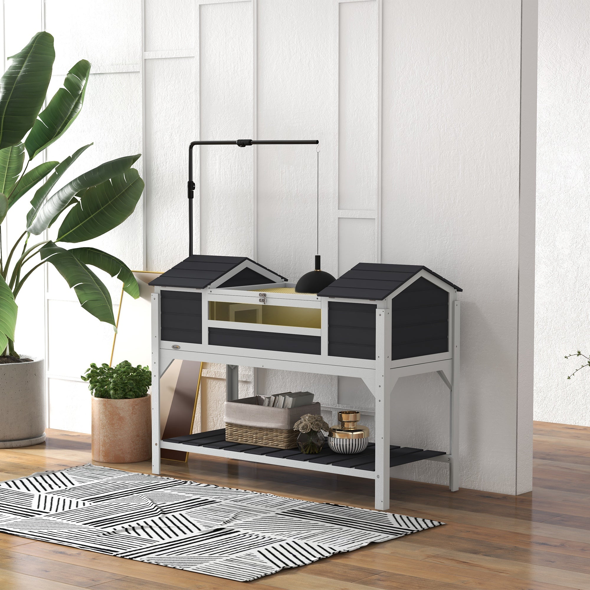 PawHut Tortoise House, Wooden Tortoise Enclosure with Adjustable Lamp Holder, Tortoise Table with Openable Lid, Dual Main Houses, Storage Shelf, Basking Area, Fixed Tray - Grey