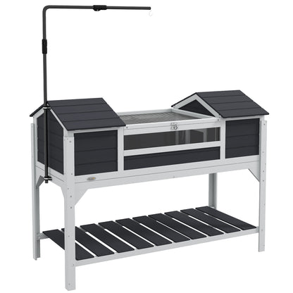 PawHut Tortoise House, Wooden Tortoise Enclosure with Adjustable Lamp Holder, Tortoise Table with Openable Lid, Dual Main Houses, Storage Shelf, Basking Area, Fixed Tray - Grey
