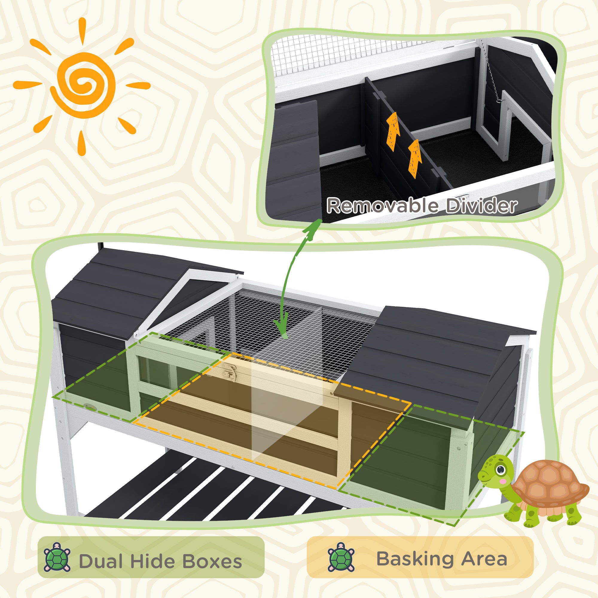 PawHut Tortoise House, Wooden Tortoise Enclosure with Adjustable Lamp Holder, Tortoise Table with Openable Lid, Dual Main Houses, Storage Shelf, Basking Area, Fixed Tray - Grey