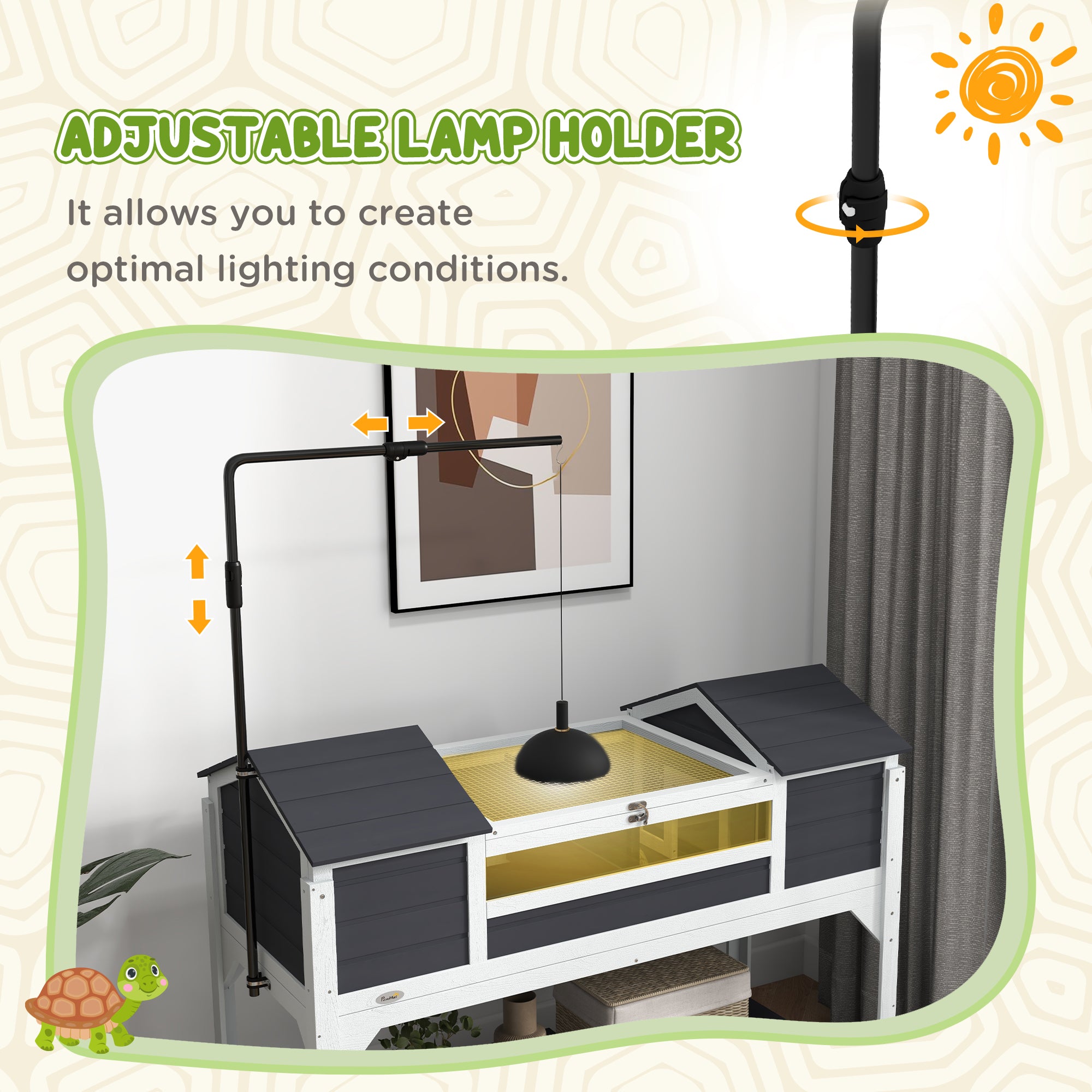 PawHut Tortoise House, Wooden Tortoise Enclosure with Adjustable Lamp Holder, Tortoise Table with Openable Lid, Dual Main Houses, Storage Shelf, Basking Area, Fixed Tray - Grey