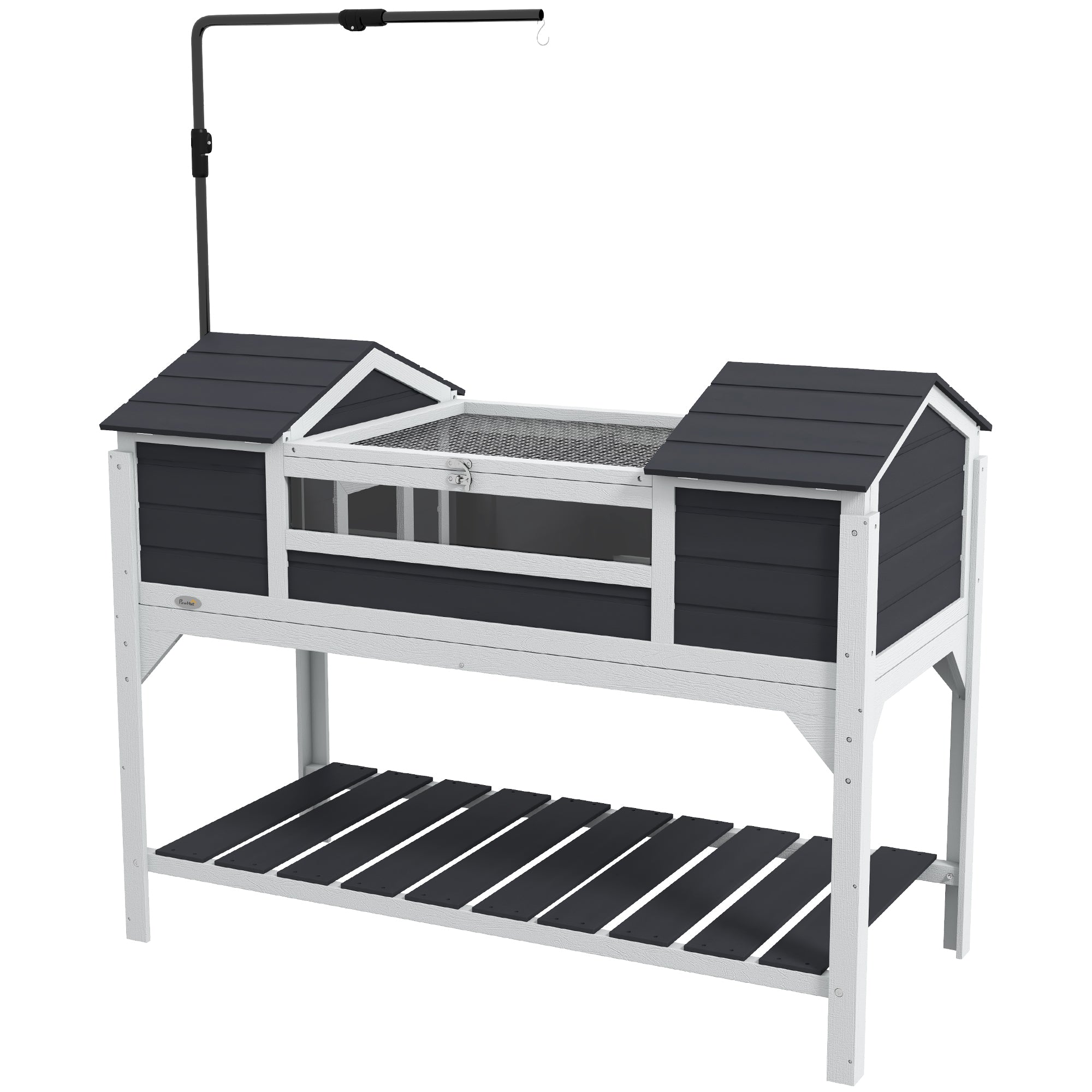 PawHut Tortoise House, Wooden Tortoise Enclosure with Adjustable Lamp Holder, Tortoise Table with Openable Lid, Dual Main Houses, Storage Shelf, Basking Area, Fixed Tray - Grey