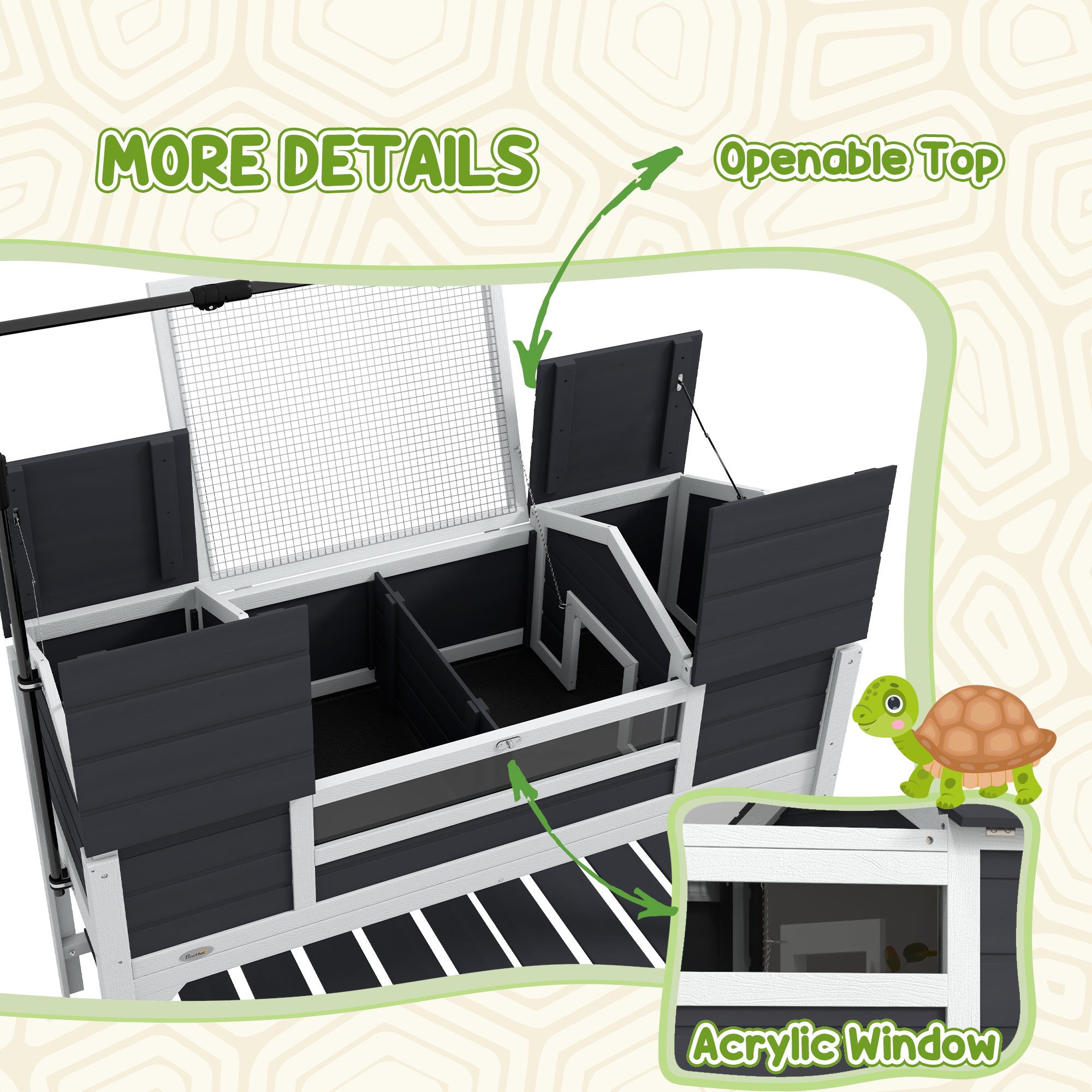 PawHut Tortoise House, Wooden Tortoise Enclosure with Adjustable Lamp Holder, Tortoise Table with Openable Lid, Dual Main Houses, Storage Shelf, Basking Area, Fixed Tray - Grey