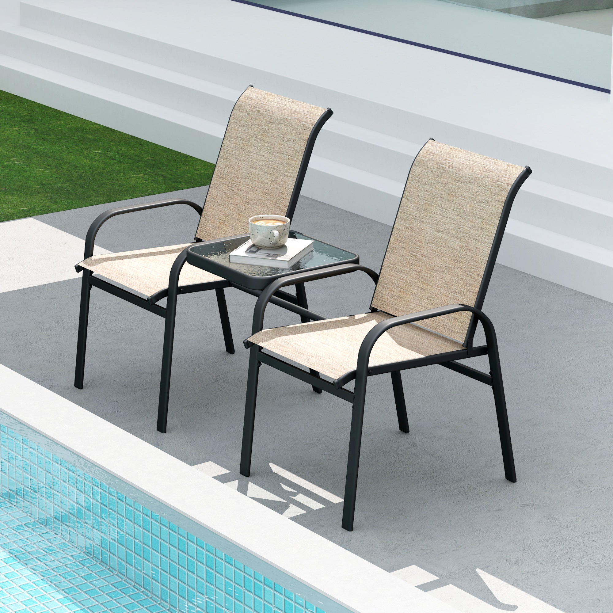 Outsunny Outdoor Patio Loveseat, Outdoor Bench with Glass Table, Garden Bench with Breathable Mesh Seat, High Back, Armrests, 2-Seater Patio Furniture for Porch, Park, Brown