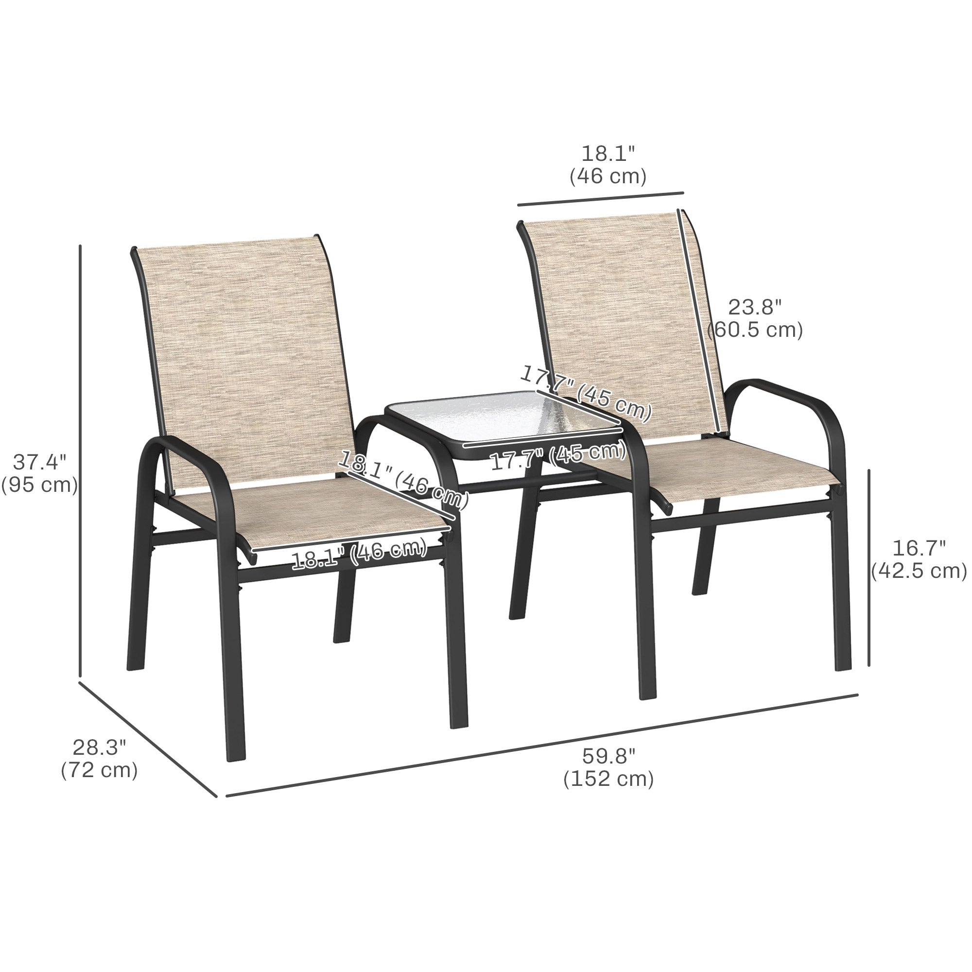 Outsunny Outdoor Patio Loveseat, Outdoor Bench with Glass Table, Garden Bench with Breathable Mesh Seat, High Back, Armrests, 2-Seater Patio Furniture for Porch, Park, Brown
